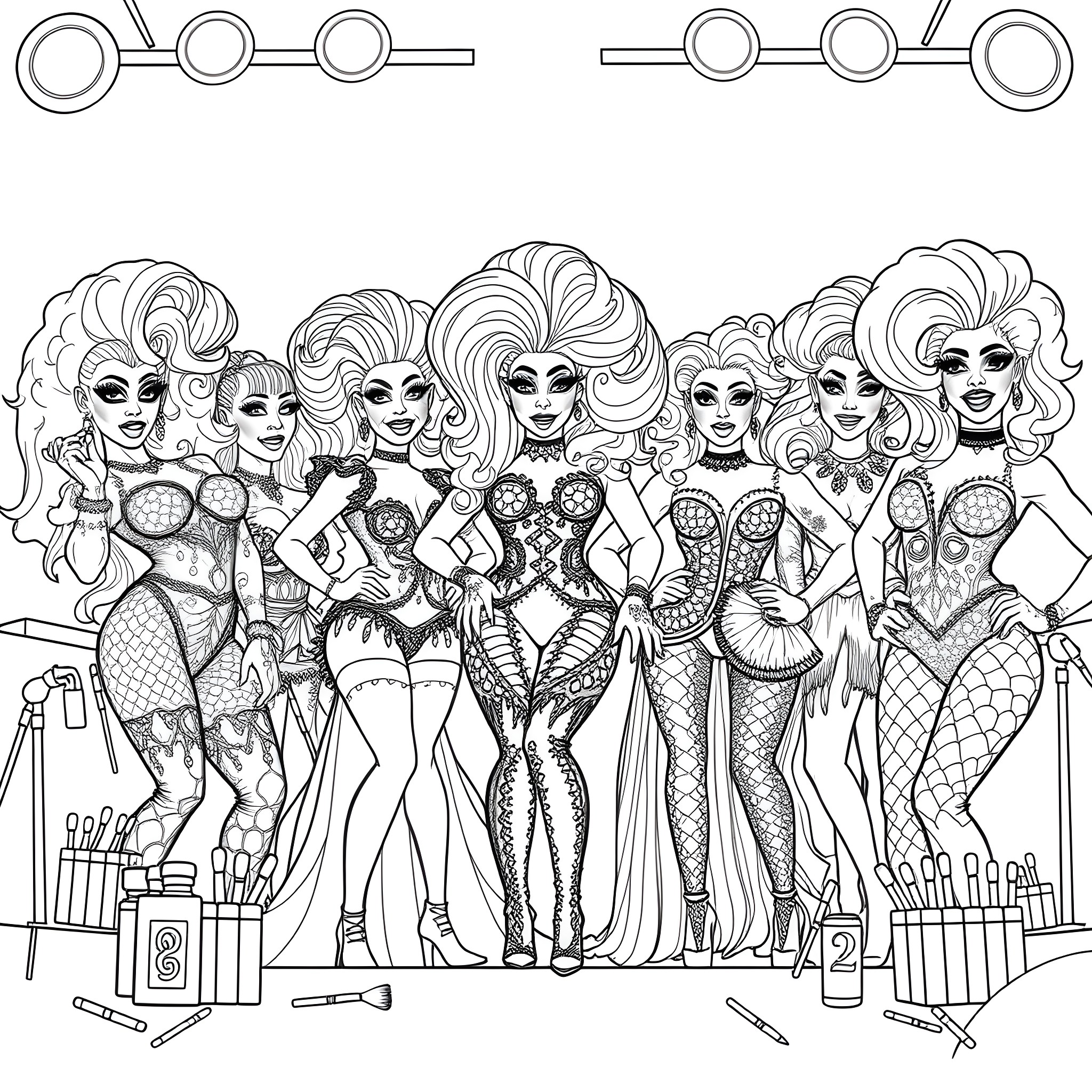RuPaul's Drag Race Queens Posing Together Boldly Coloring Page (free black-and-white line drawing printable PDF for all, from beginners to advanced learners, including children, teens, adults, and seniors)