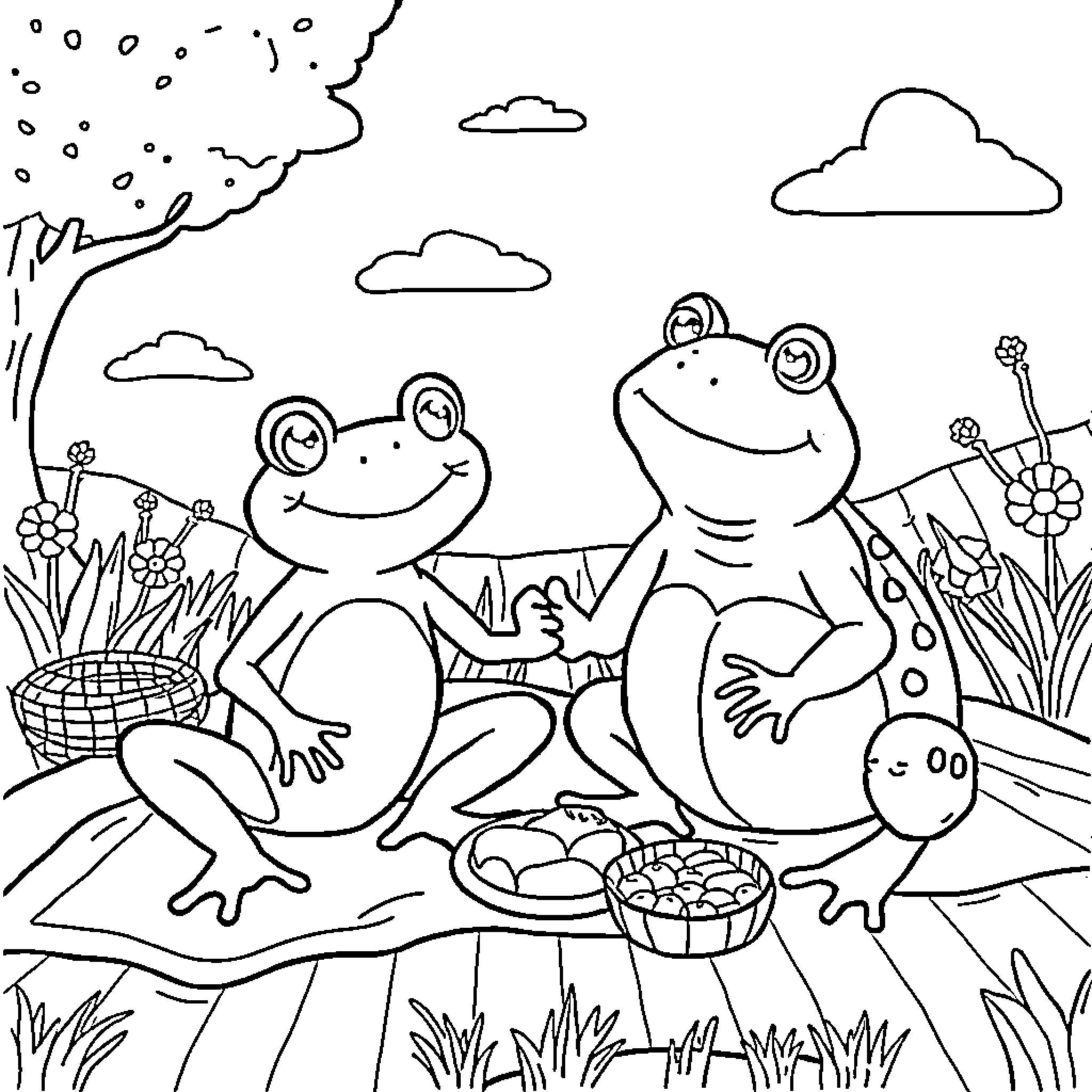 Frogs enjoying a picnic in the countryside Coloring Page (free black-and-white line drawing printable PDF for all, from beginners to advanced learners, including children, teens, adults, and seniors)