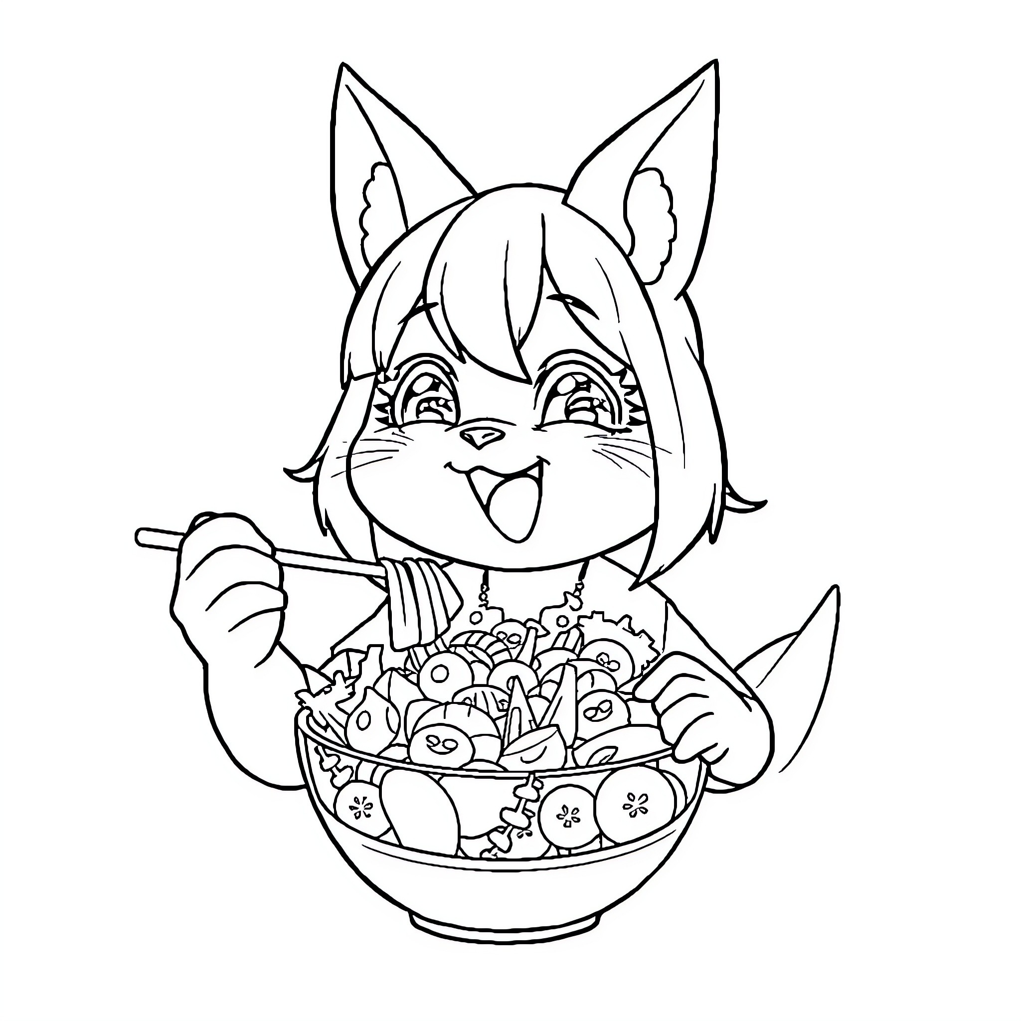 Kuromi enjoying a bowl of treats happily Coloring Page (free black-and-white line drawing printable PDF for all, from beginners to advanced learners, including children, teens, adults, and seniors)