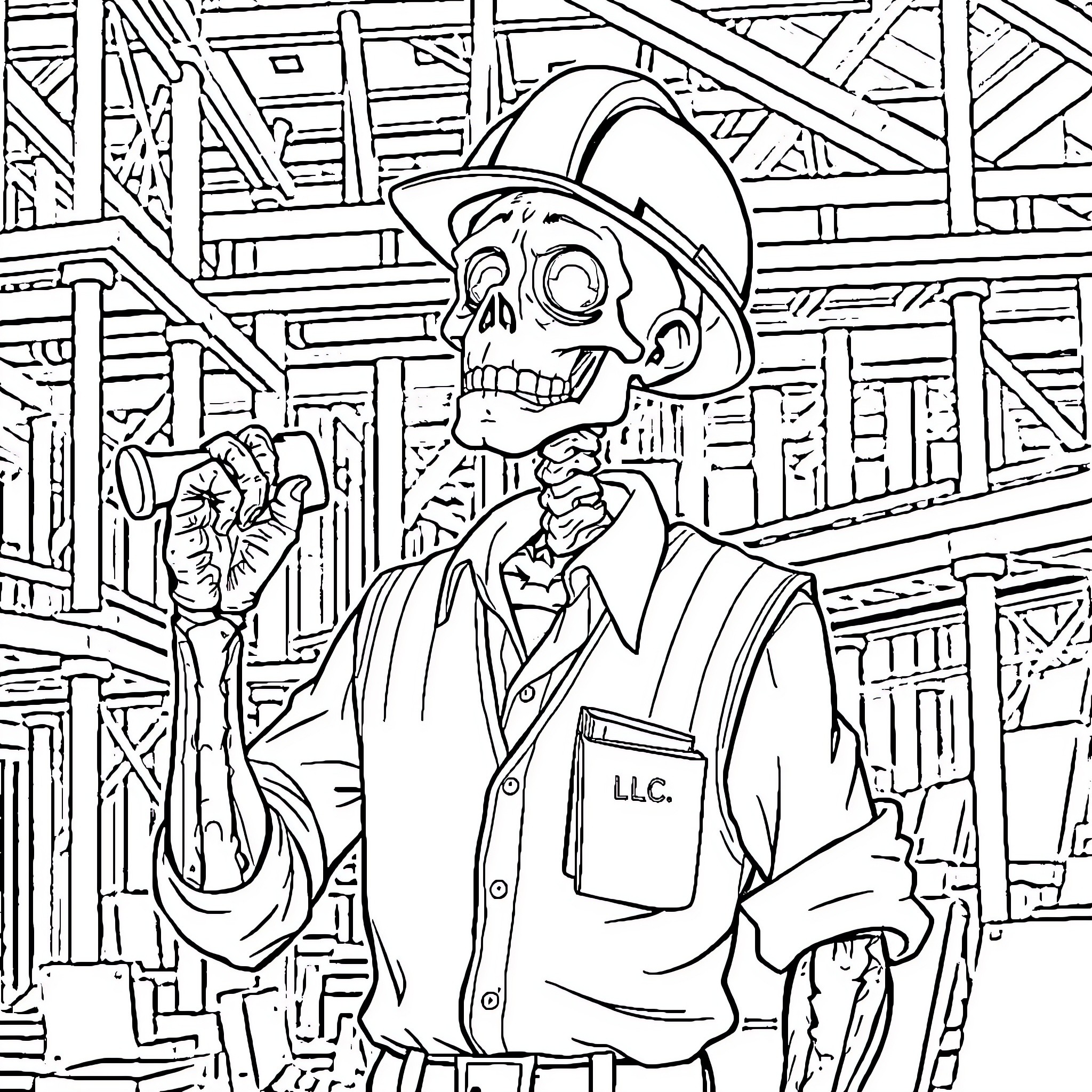 Construction Worker in Skull Mask at Worksite Coloring Page (free black-and-white line drawing printable PDF for all, from beginners to advanced learners, including children, teens, adults, and seniors)