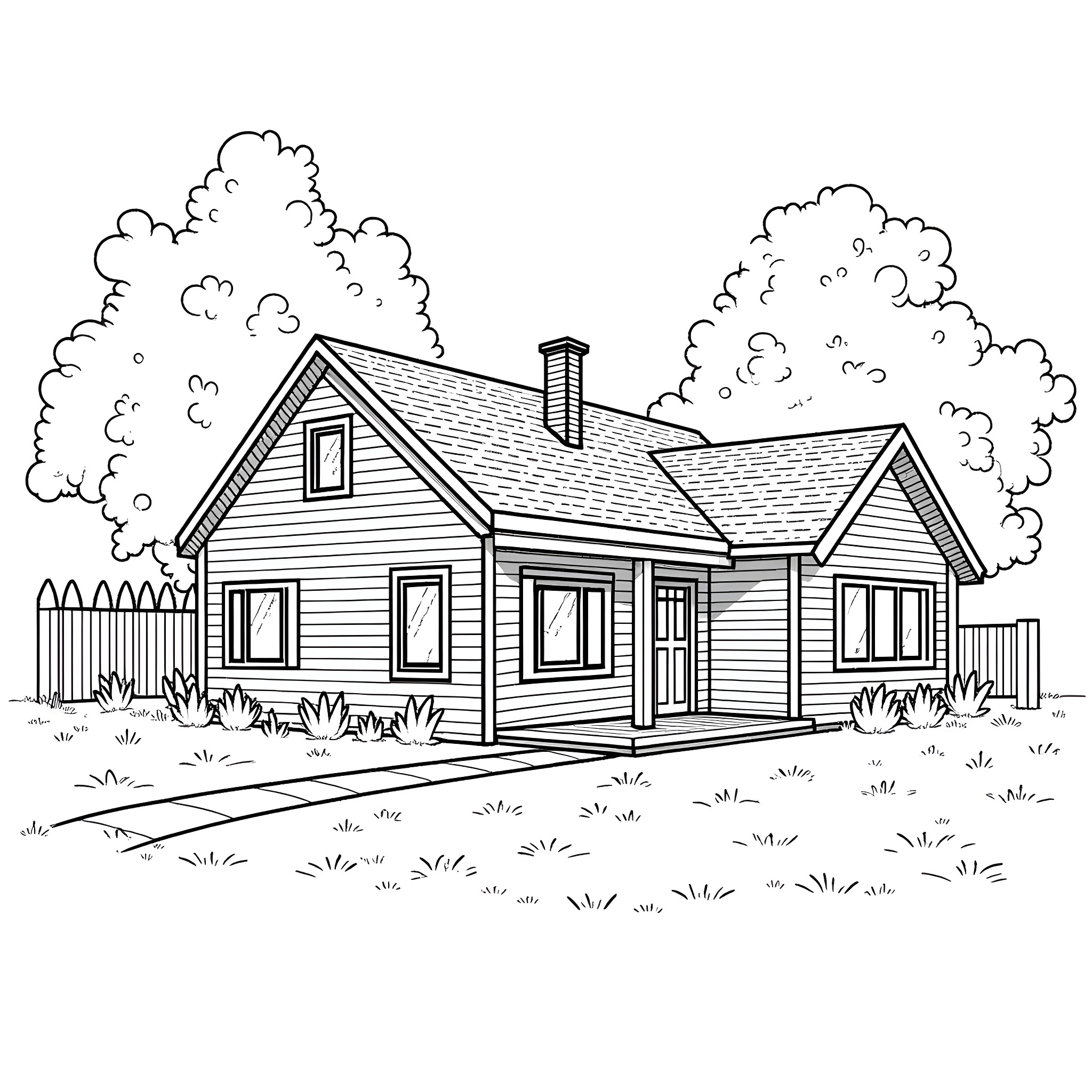 House in a serene countryside setting Coloring Page (free black-and-white line drawing printable PDF for all, from beginners to advanced learners, including children, teens, adults, and seniors)