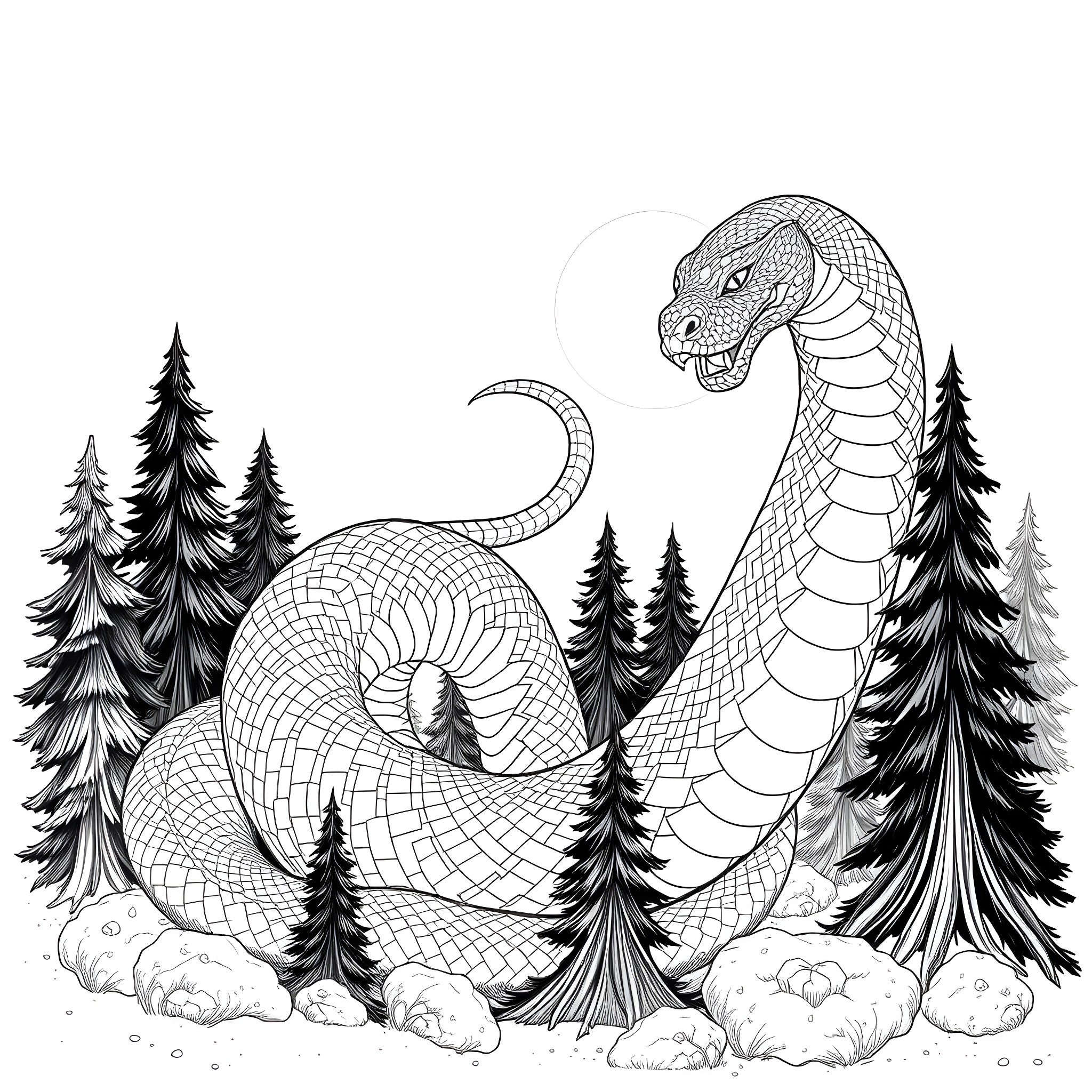 Uktena, the Serpent Spirit, Coiled in the Forest Coloring Page (free black-and-white line drawing printable PDF for all, from beginners to advanced learners, including children, teens, adults, and seniors)
