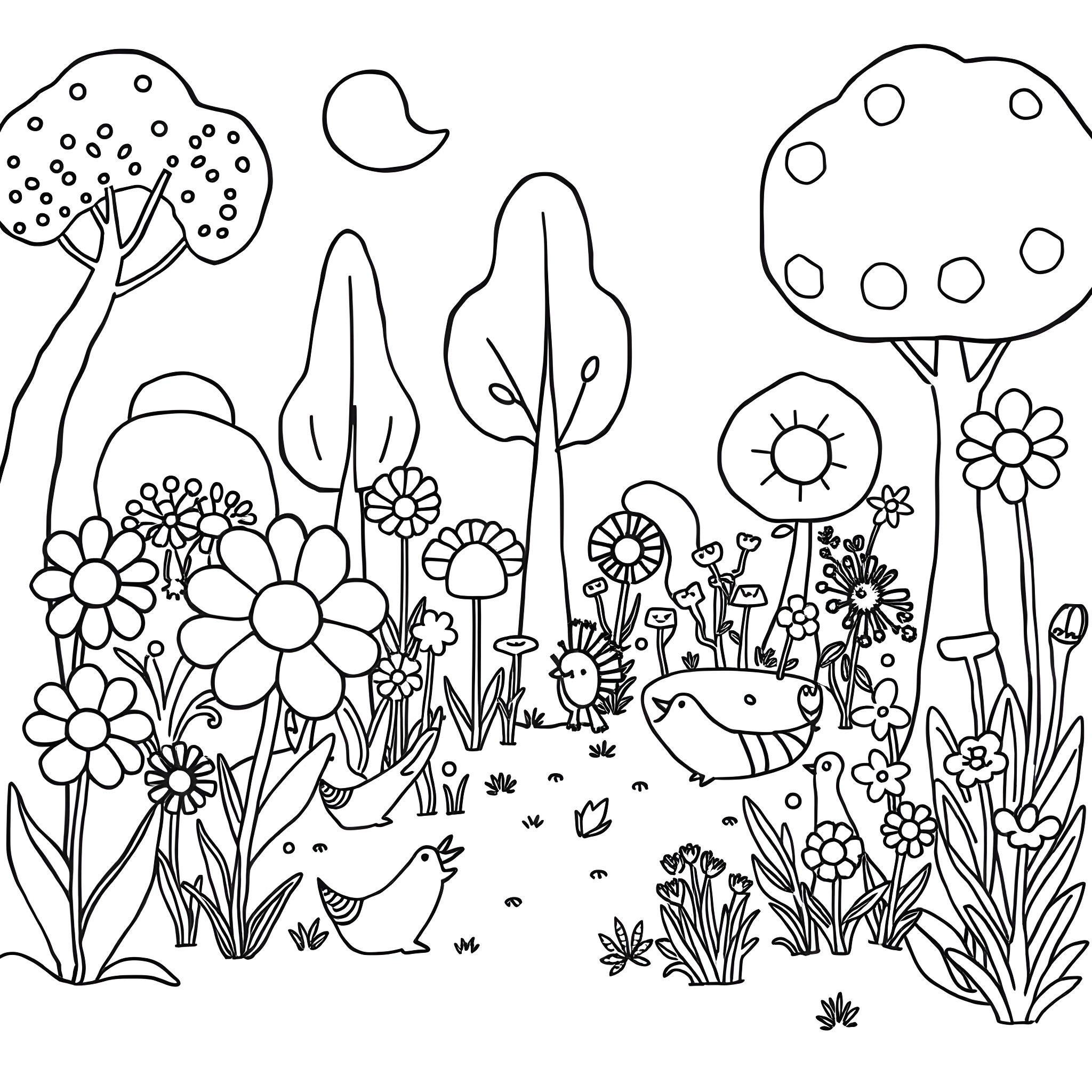 Garden with whimsical plants and creatures Coloring Page (free black-and-white line drawing printable PDF for all, from beginners to advanced learners, including children, teens, adults, and seniors)