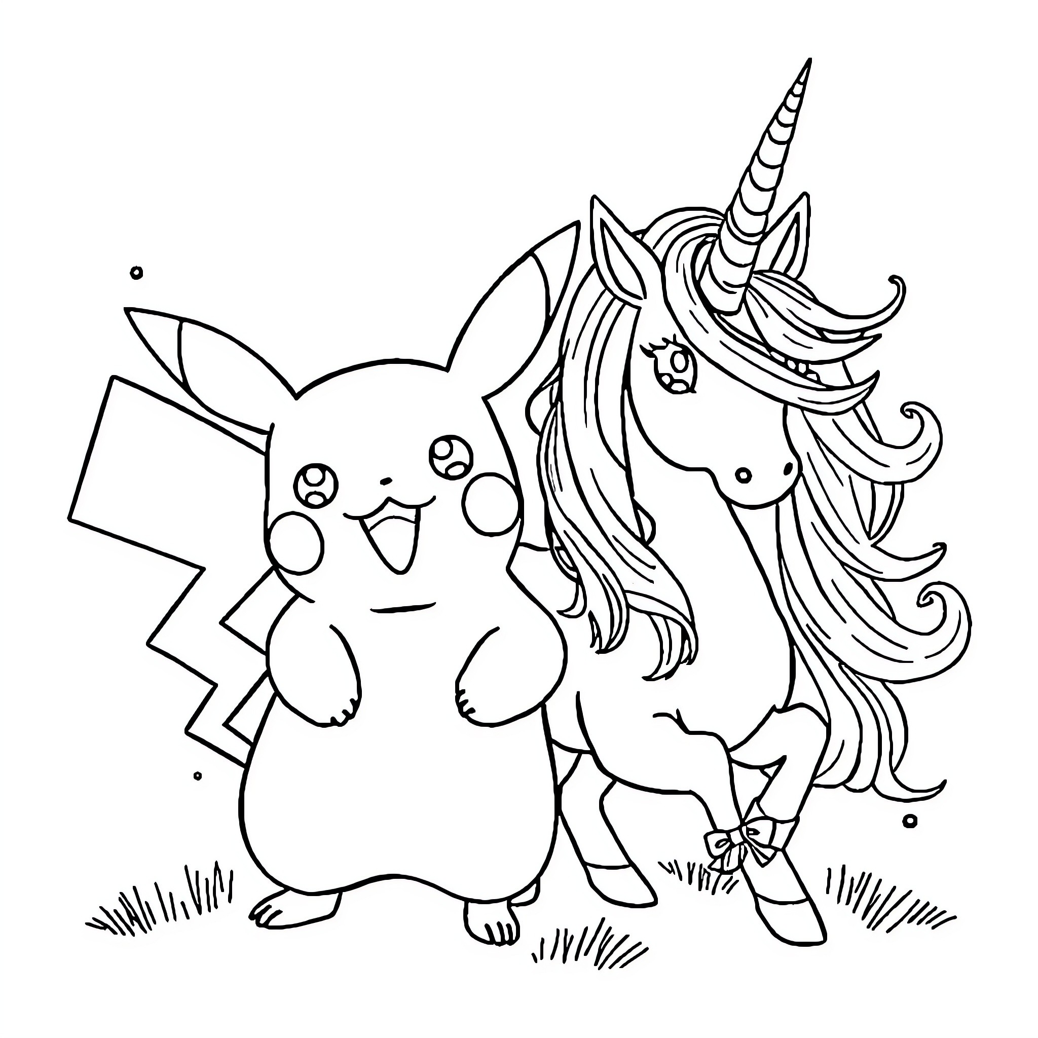 Pikachu playing with a magical unicorn Coloring Page (free black-and-white line drawing printable PDF for all, from beginners to advanced learners, including children, teens, adults, and seniors)