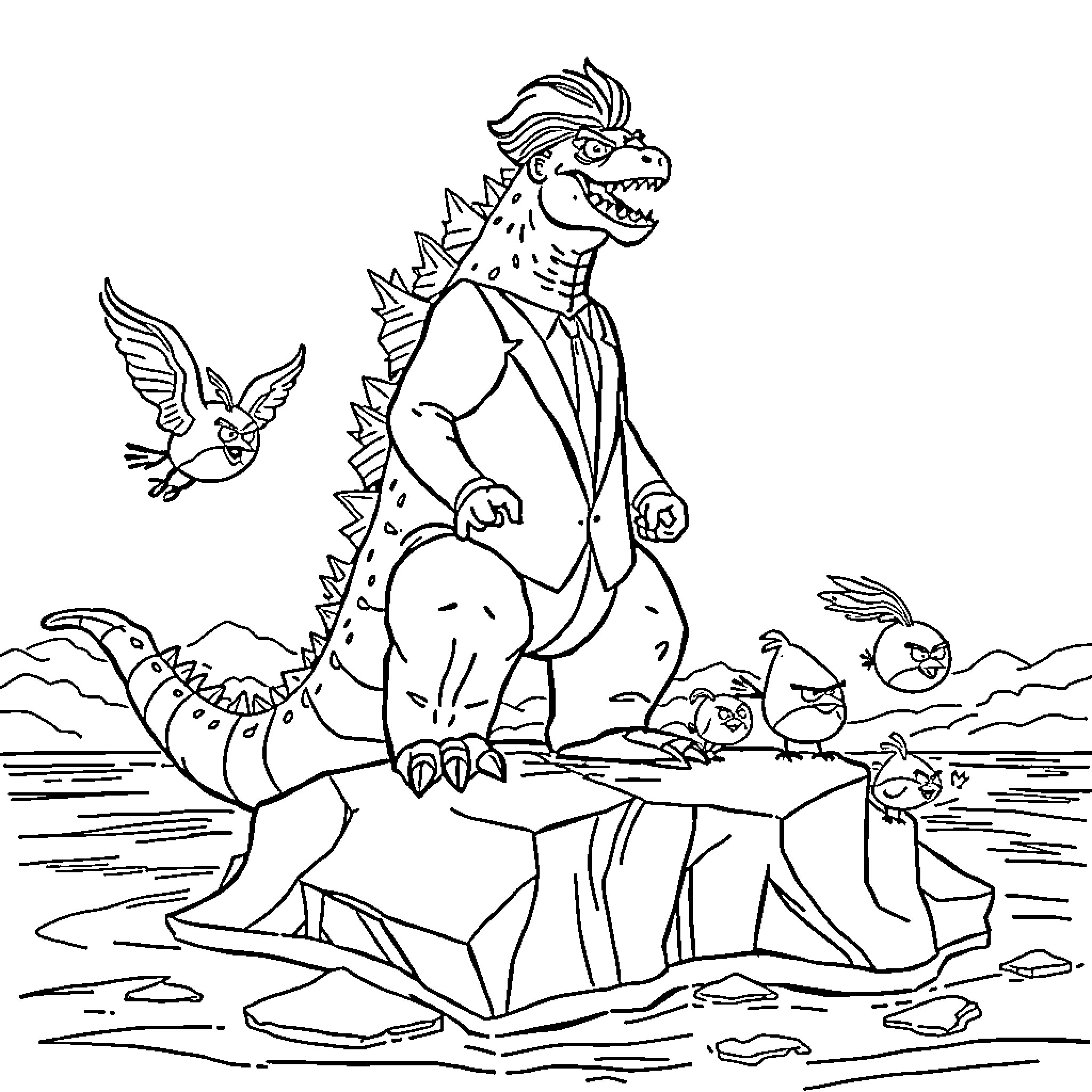 Godzilla commanding a diverse group of creatures Coloring Page (free black-and-white line drawing printable PDF for all, from beginners to advanced learners, including children, teens, adults, and seniors)