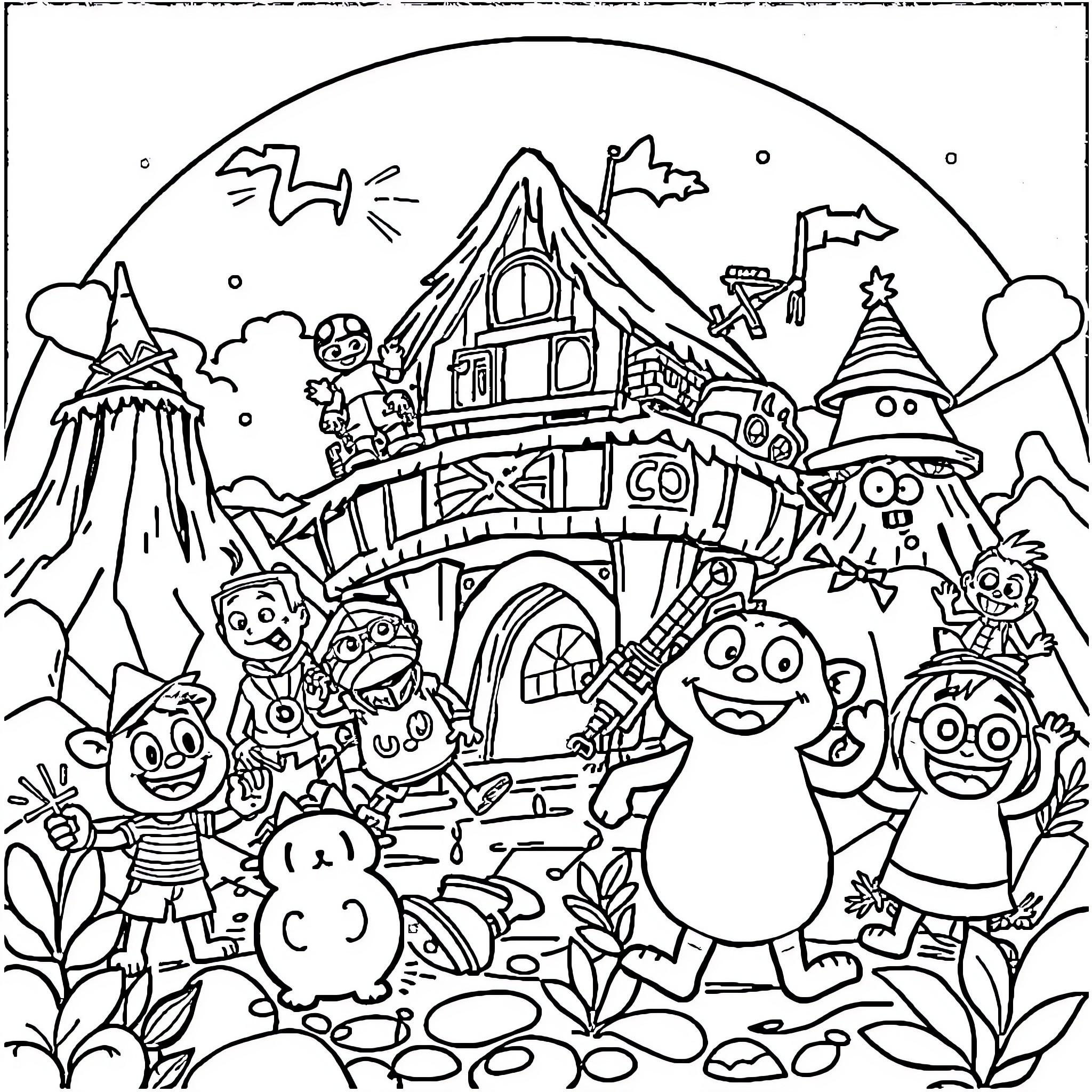 Cartoon characters exploring a magical fantasy landscape Coloring Page (free black-and-white line drawing printable PDF for all, from beginners to advanced learners, including children, teens, adults, and seniors)