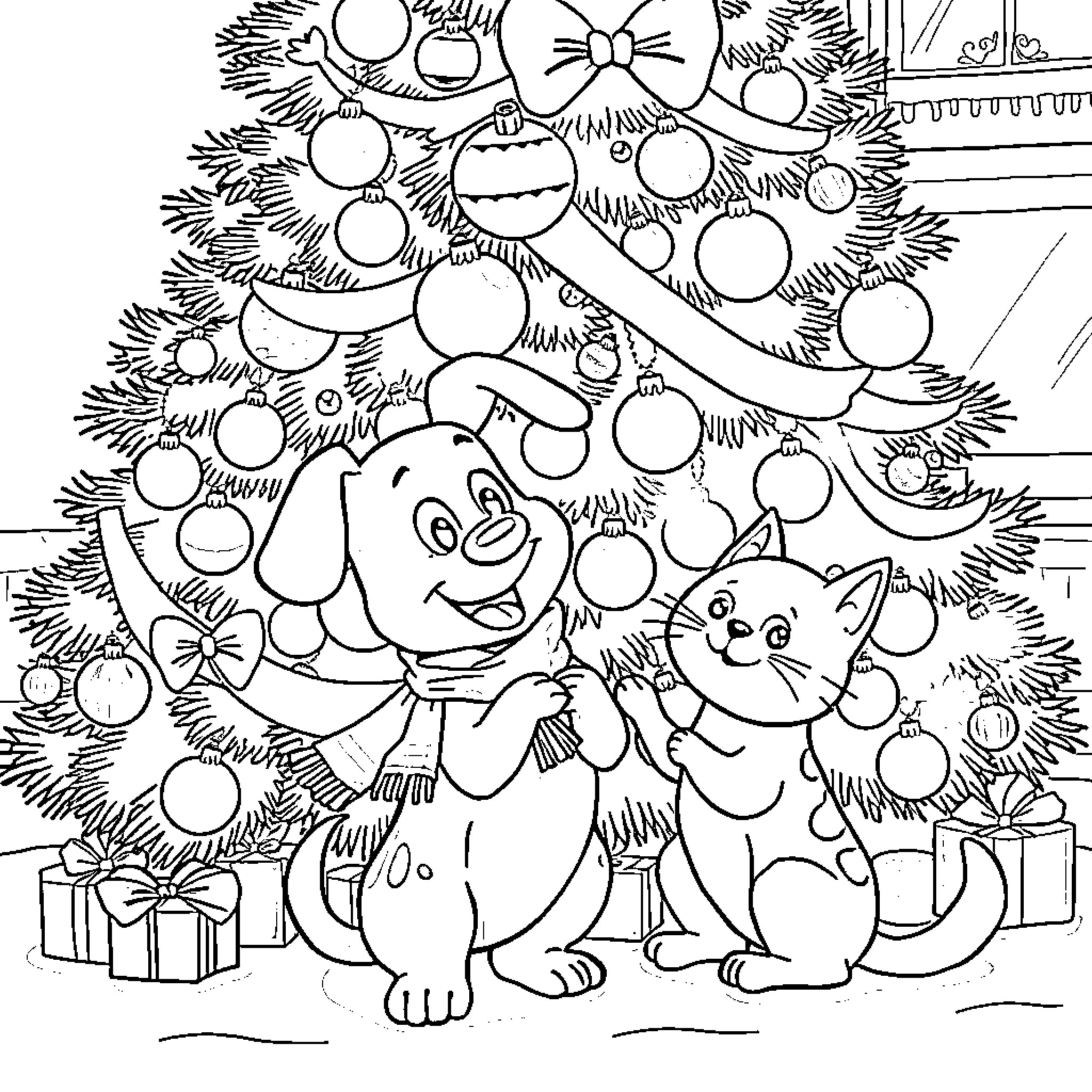 Dog and Cat Celebrating Christmas Together Coloring Page (free black-and-white line drawing printable PDF for all, from beginners to advanced learners, including children, teens, adults, and seniors)