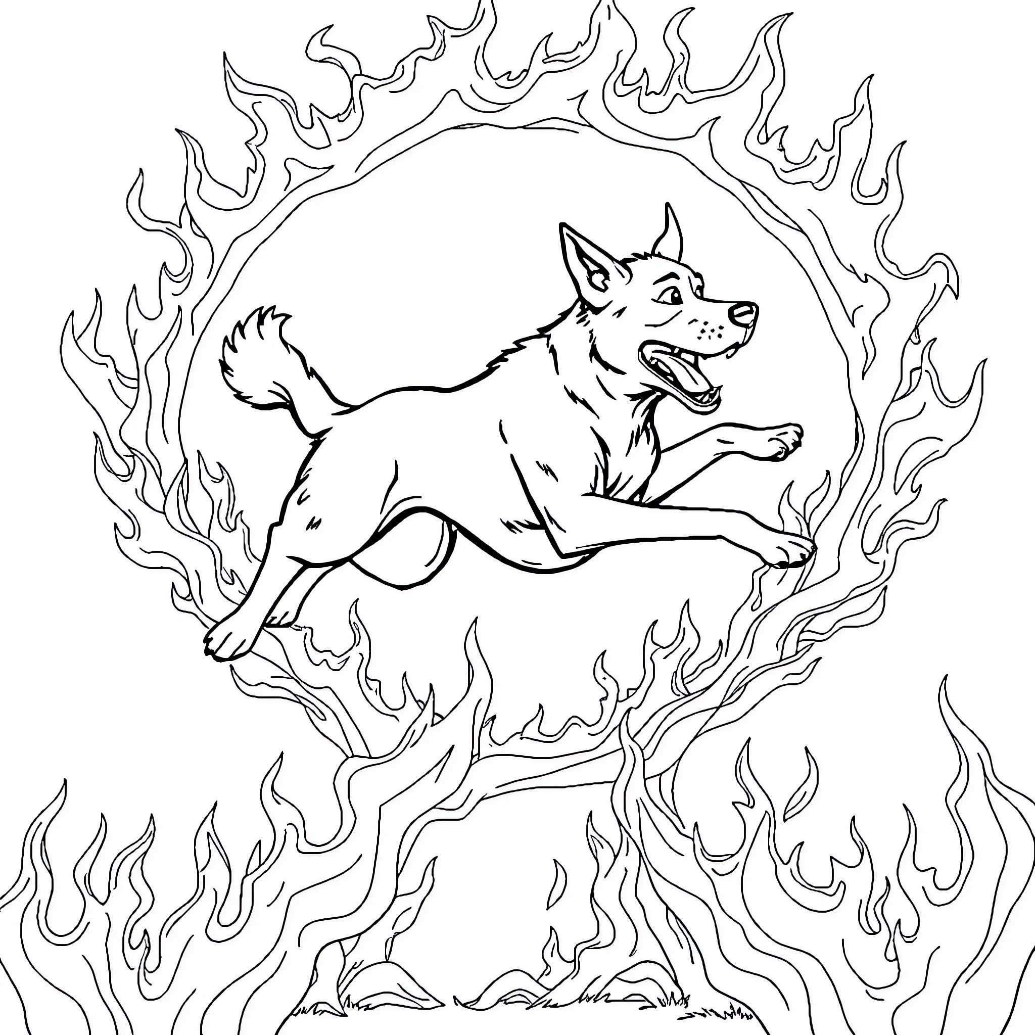 Dog running through fiery flames Coloring Page (free black-and-white line drawing printable PDF for all, from beginners to advanced learners, including children, teens, adults, and seniors)