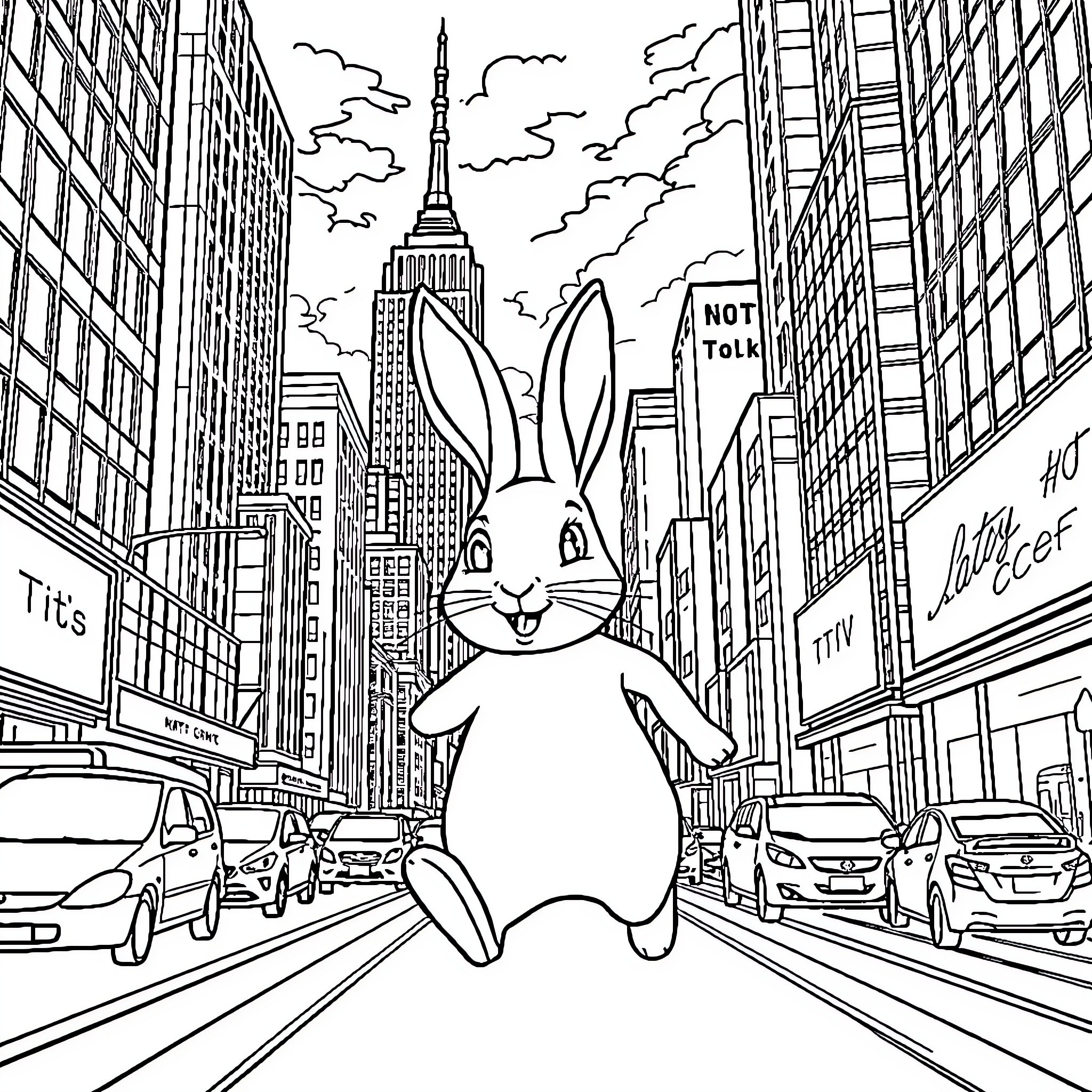 Rabbit on the City Streets Coloring Page (free black-and-white line drawing printable PDF for all, from beginners to advanced learners, including children, teens, adults, and seniors)