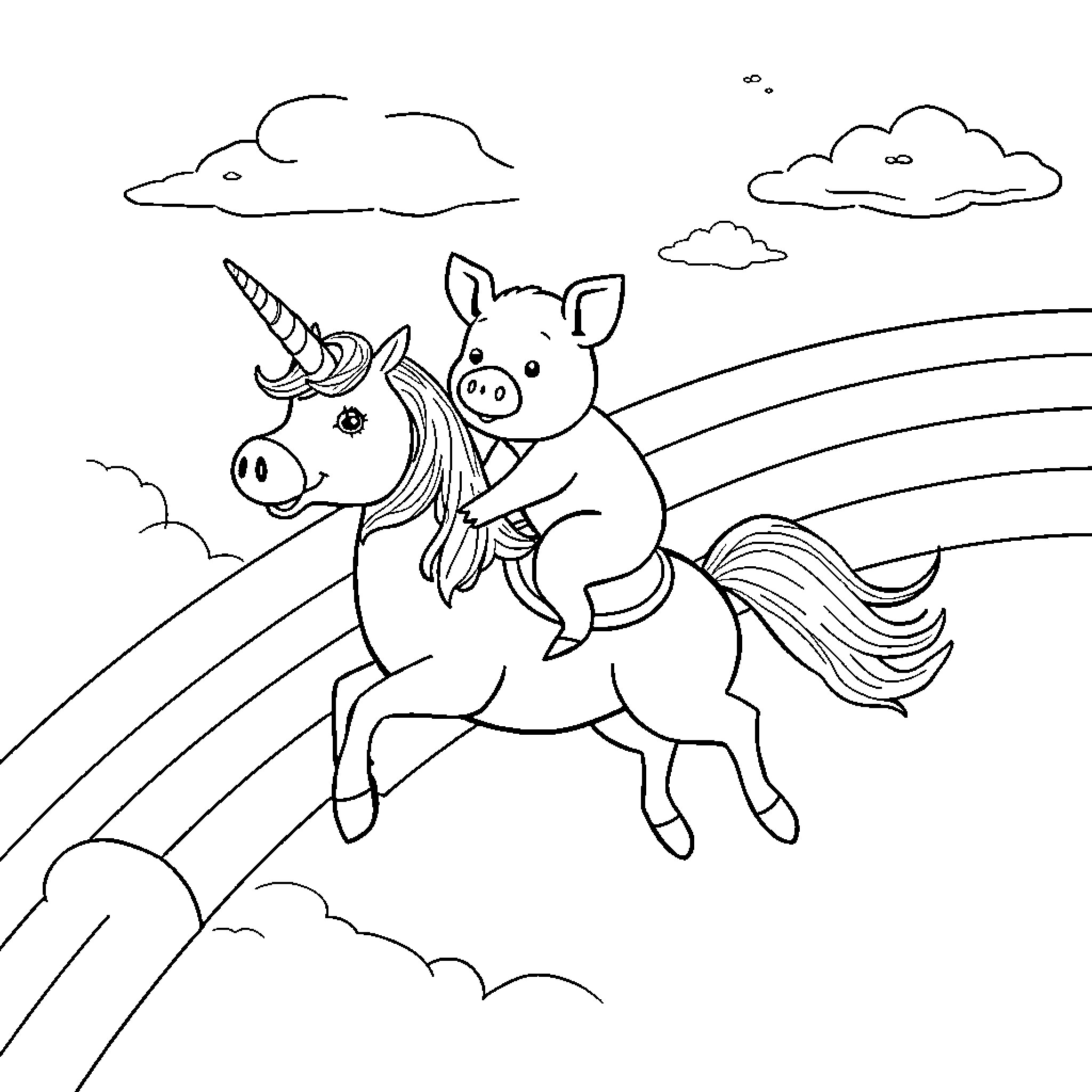 Pig riding a unicorn in the clouds Coloring Page (free black-and-white line drawing printable PDF for all, from beginners to advanced learners, including children, teens, adults, and seniors)