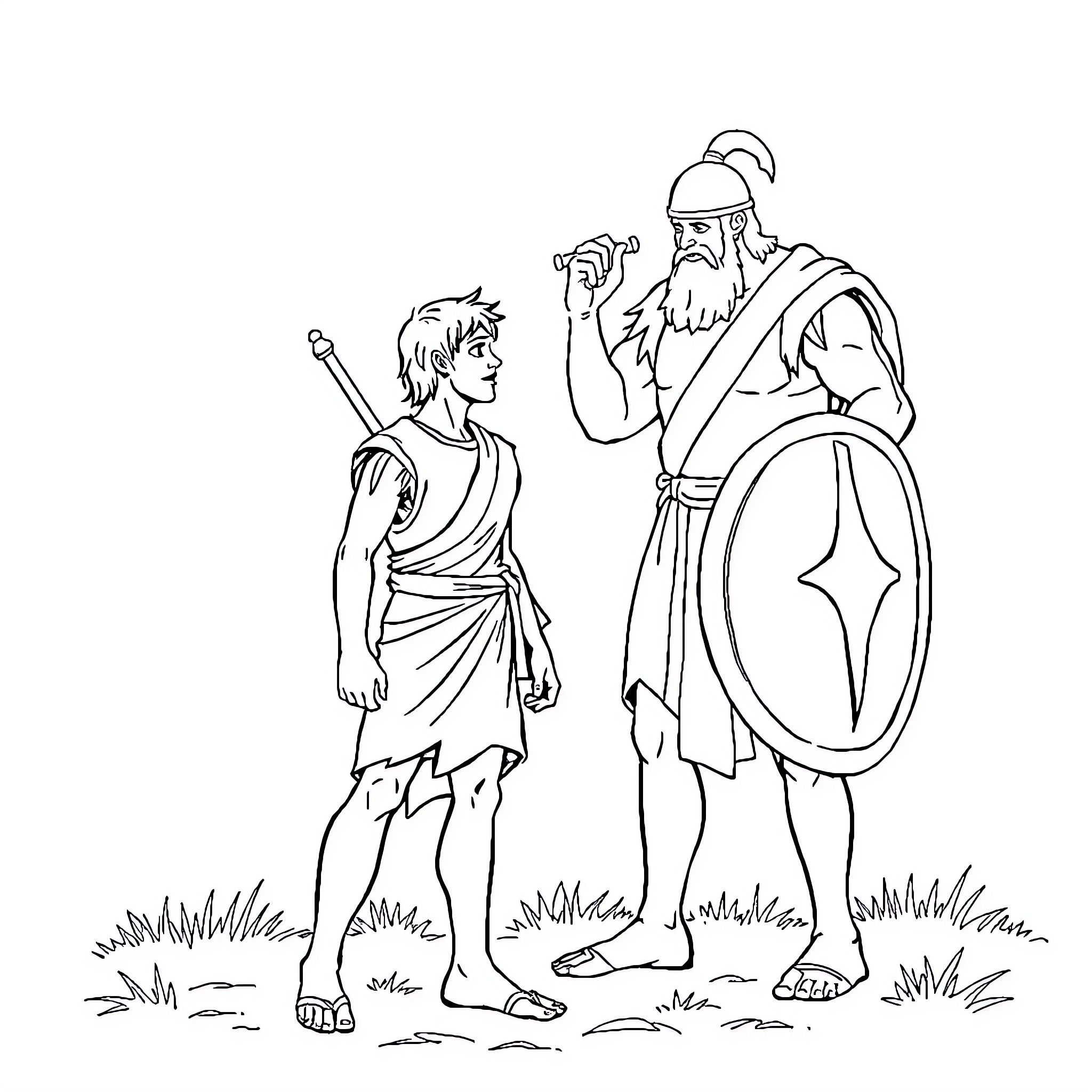 David and the Wise Man in Discussion Coloring Page (free black-and-white line drawing printable PDF for all, from beginners to advanced learners, including children, teens, adults, and seniors)