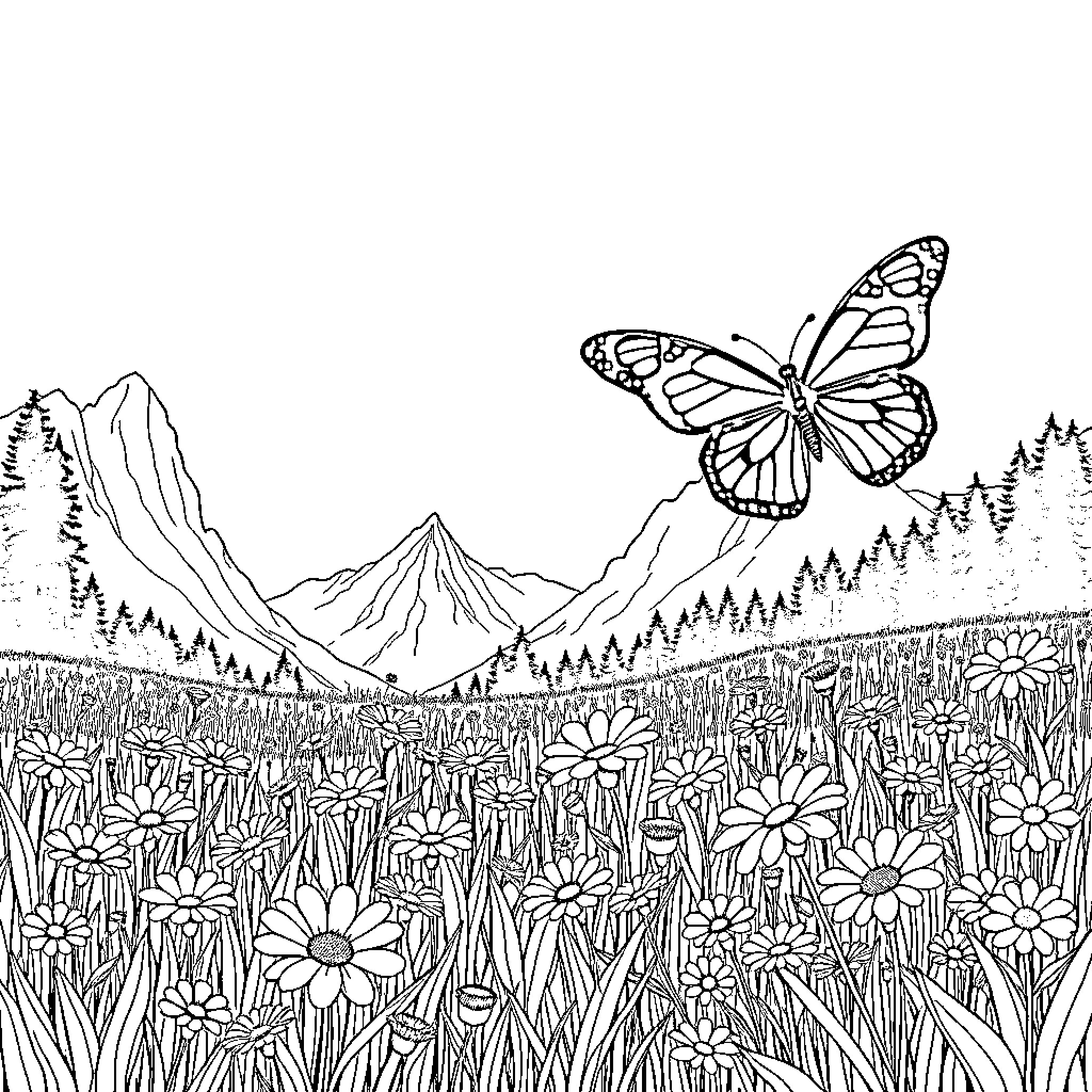 Butterfly flying over a floral meadow in the mountains Coloring Page (free black-and-white line drawing printable PDF for all, from beginners to advanced learners, including children, teens, adults, and seniors)