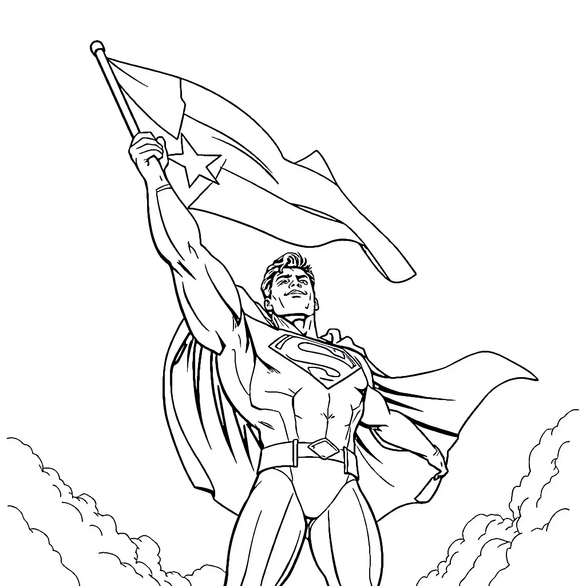 Superman heroically raising flag in the sky Coloring Page (free black-and-white line drawing printable PDF for all, from beginners to advanced learners, including children, teens, adults, and seniors)