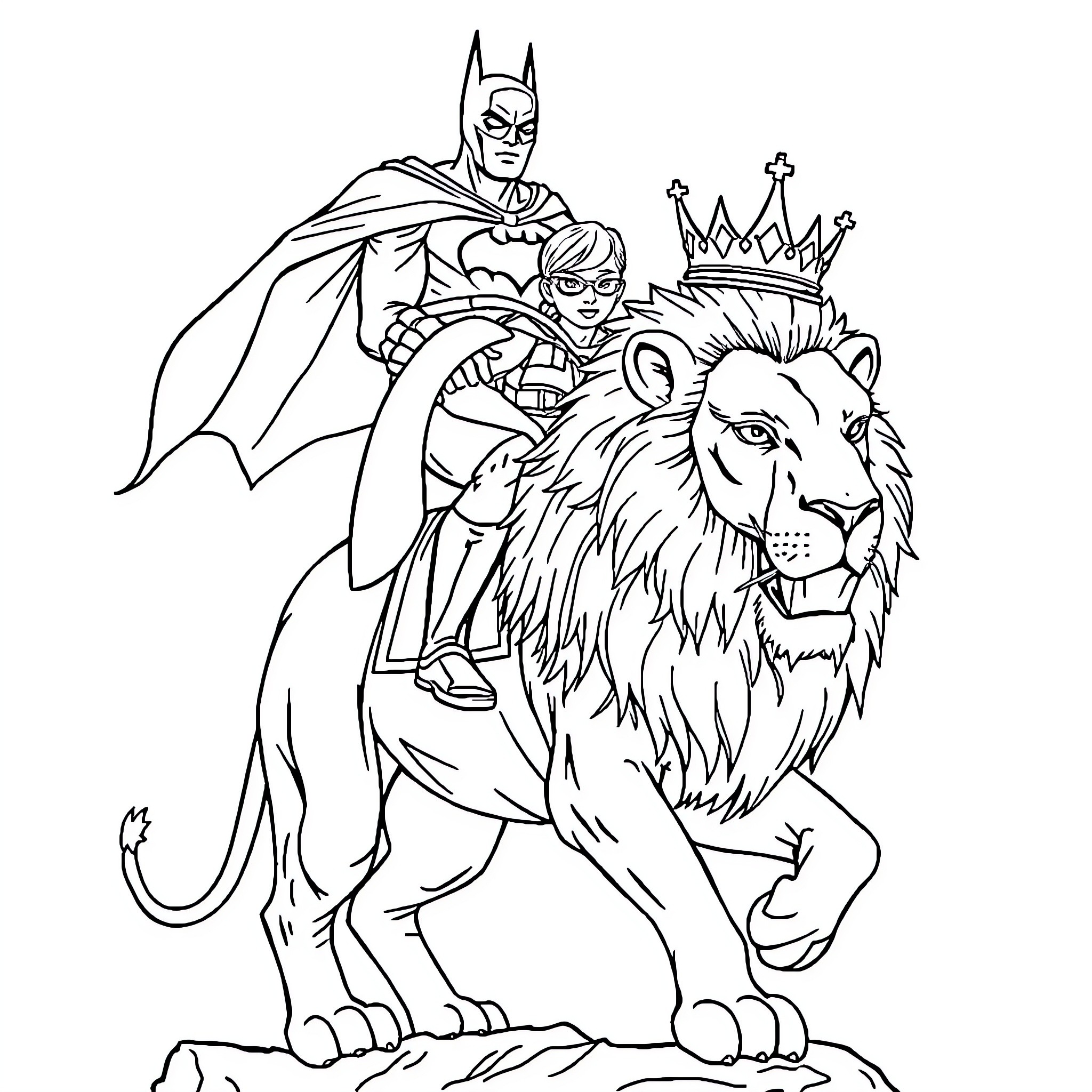 Lion King and Heroic Protector on Majestic Throne Coloring Page (free black-and-white line drawing printable PDF for all, from beginners to advanced learners, including children, teens, adults, and seniors)