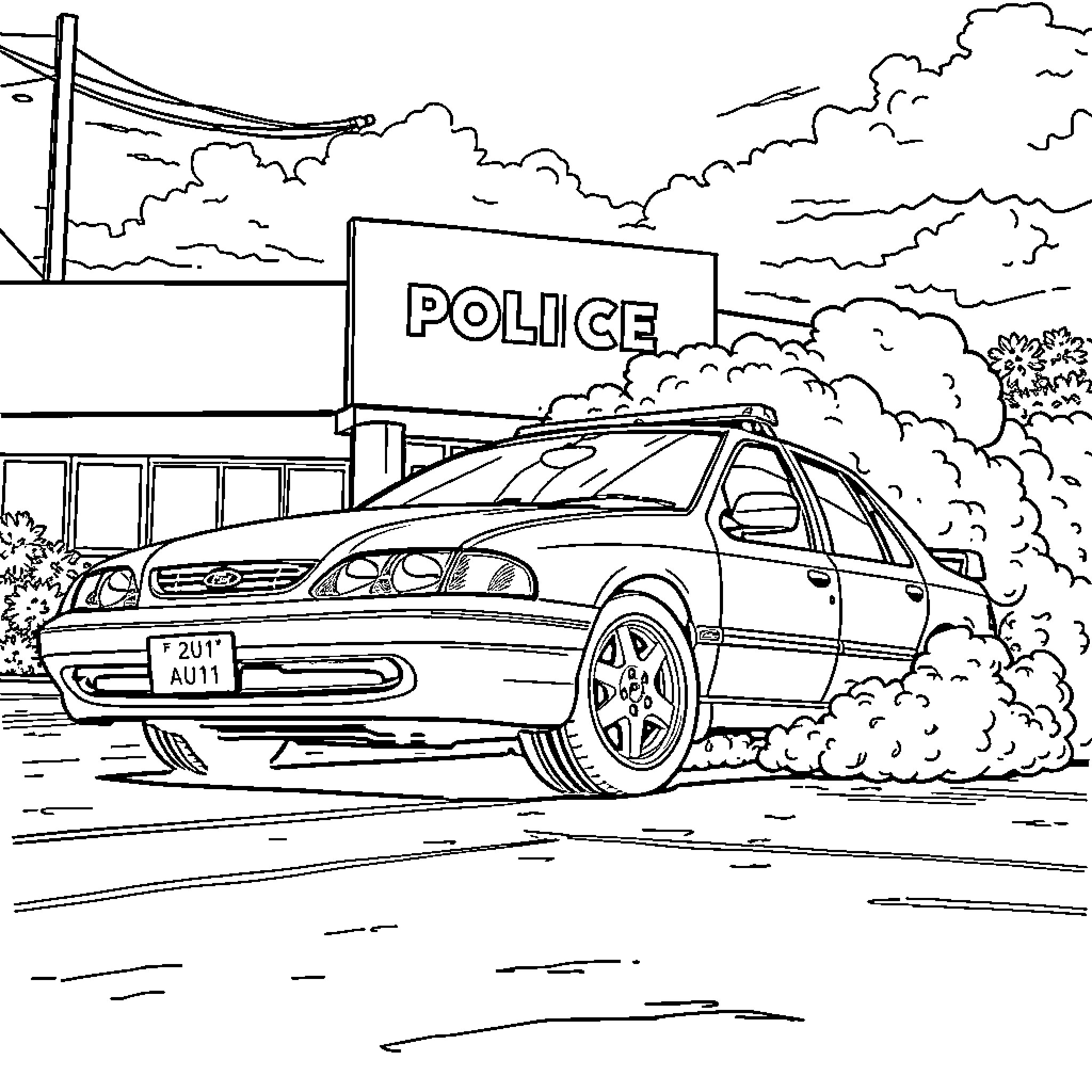 Ford police car speeding on the street Coloring Page (free black-and-white line drawing printable PDF for all, from beginners to advanced learners, including children, teens, adults, and seniors)
