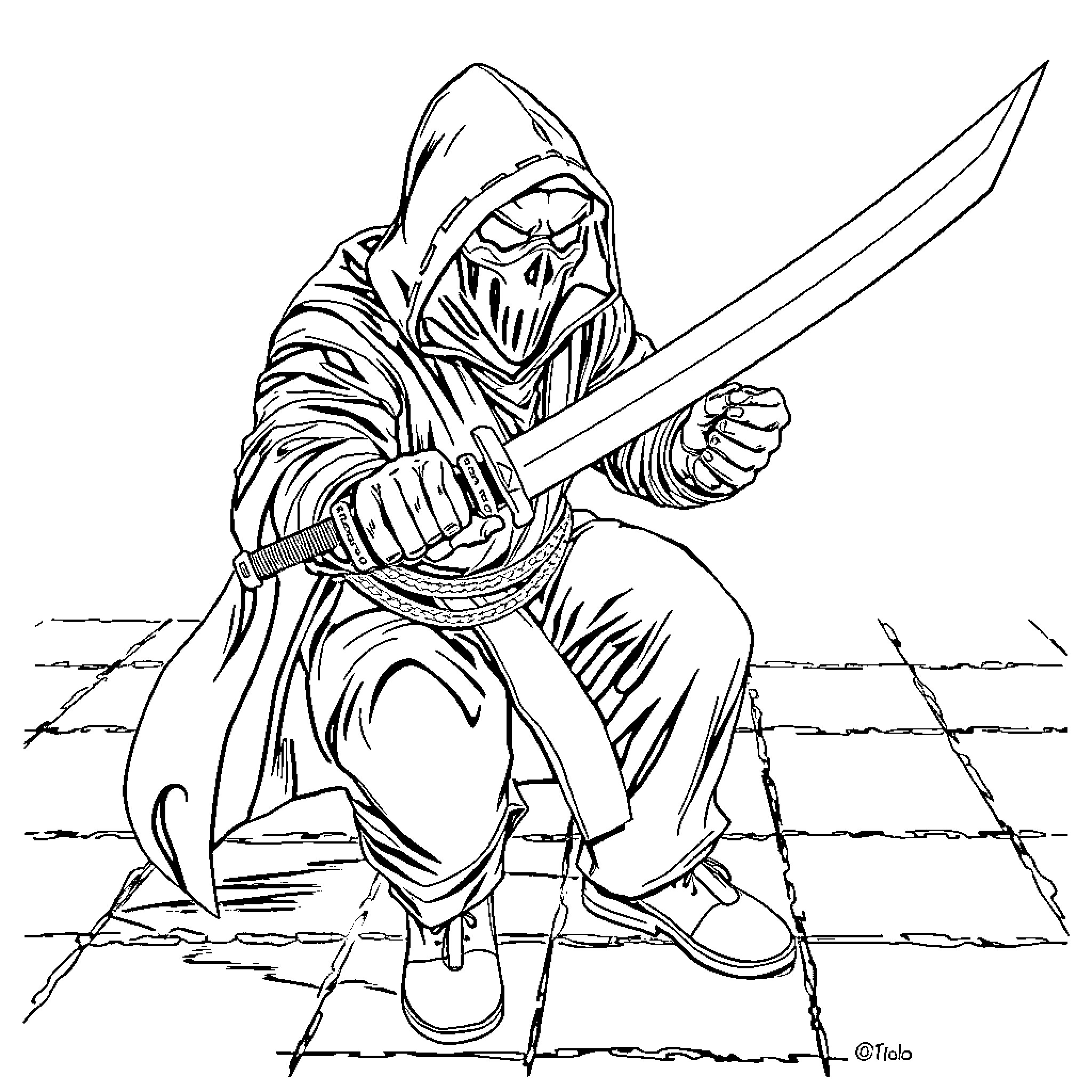 Ghostface Wielding Sword in Ruins Coloring Page (free black-and-white line drawing printable PDF for all, from beginners to advanced learners, including children, teens, adults, and seniors)
