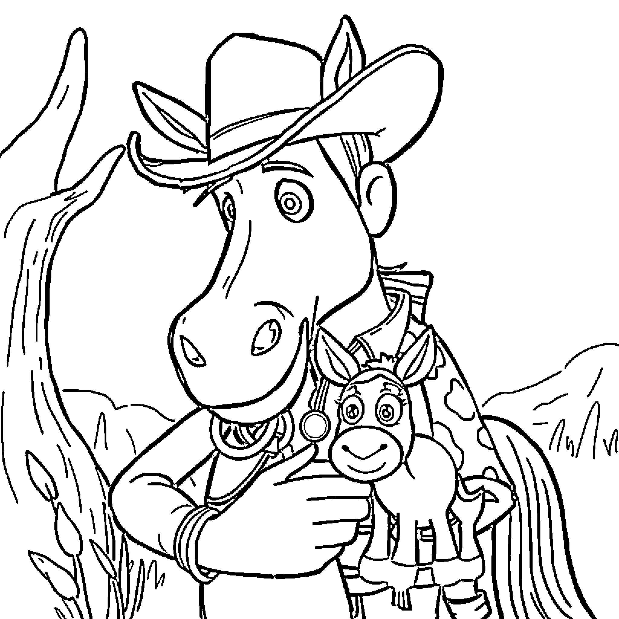 Woody's Cowboy Adventure with Toy Friend Coloring Page (free black-and-white line drawing printable PDF for all, from beginners to advanced learners, including children, teens, adults, and seniors)