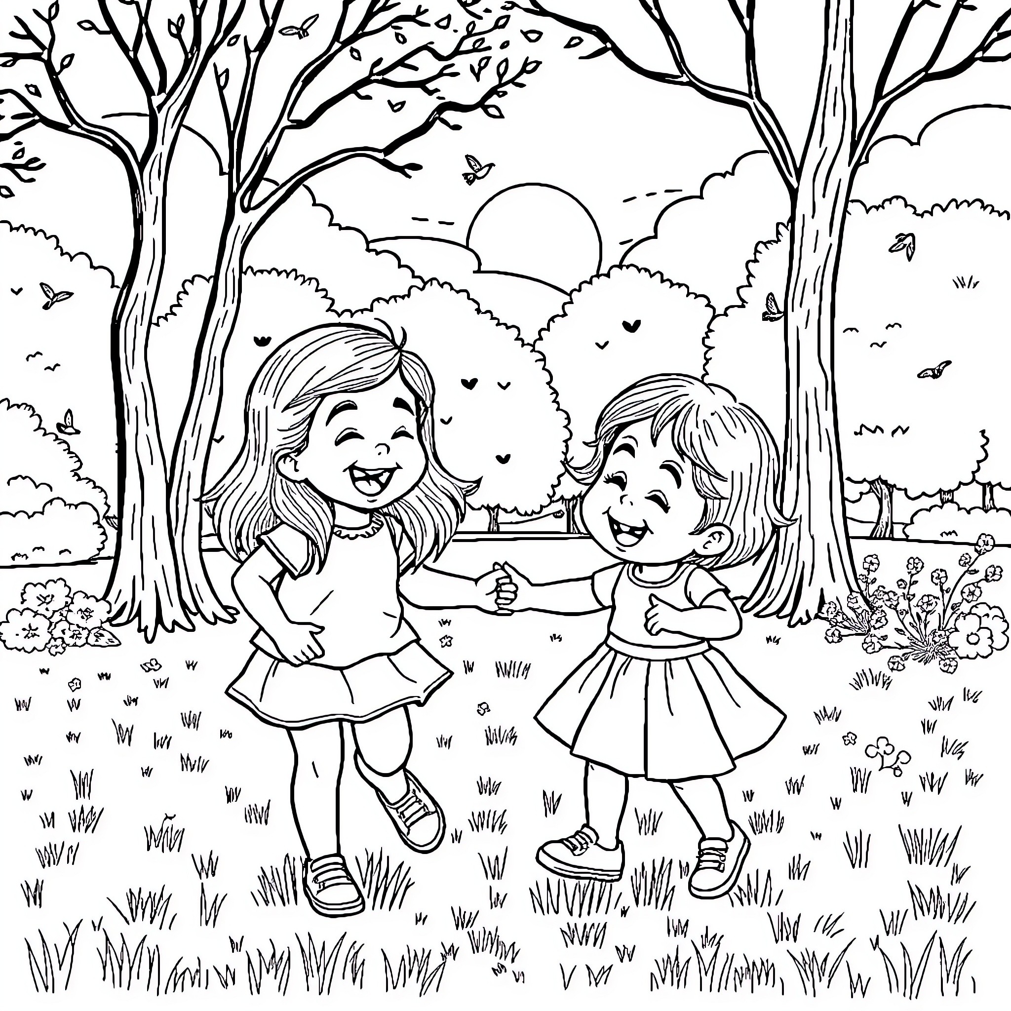 Amiga Girls Playing Joyfully in the Forest Coloring Page (free black-and-white line drawing printable PDF for all, from beginners to advanced learners, including children, teens, adults, and seniors)