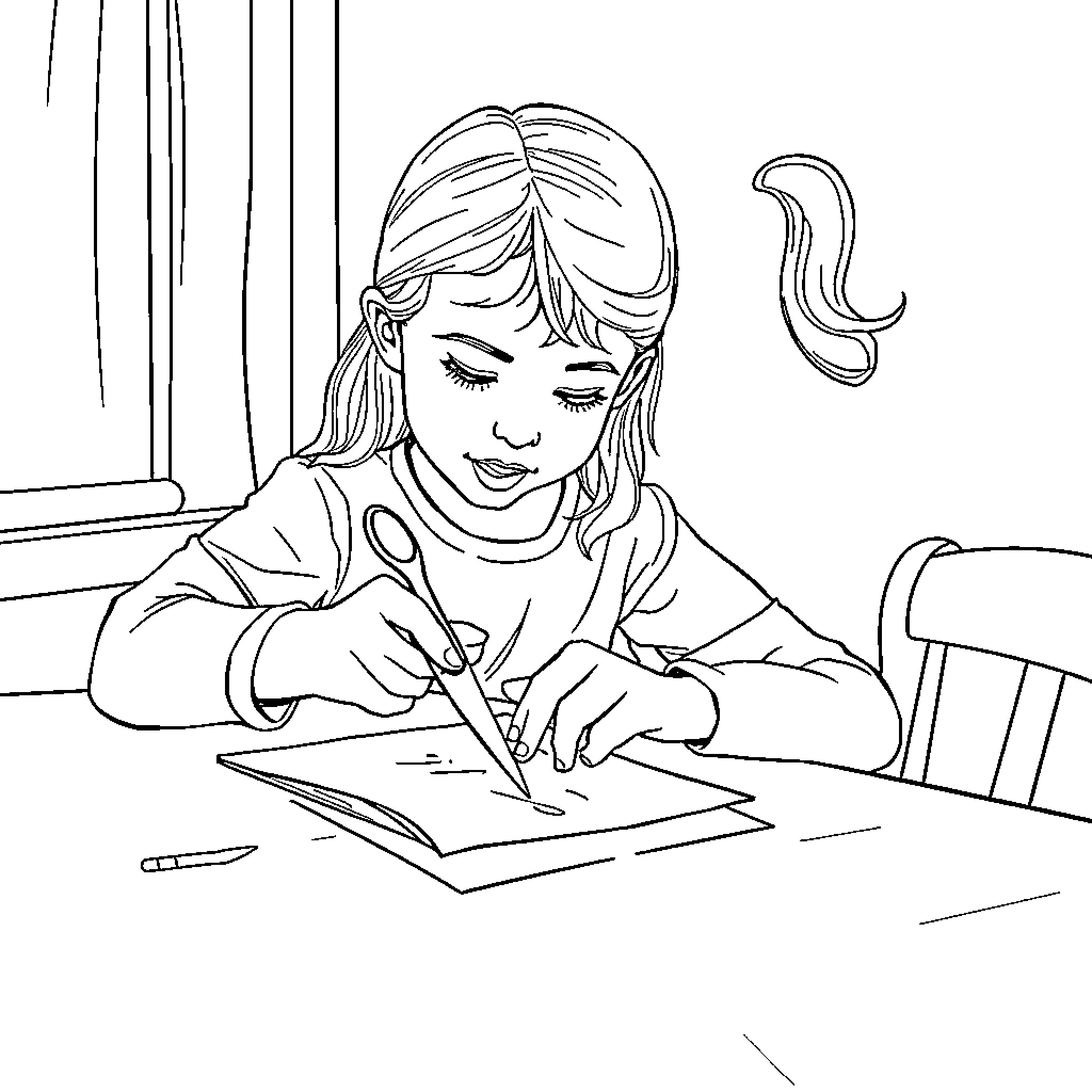 Girl intently working on a drawing Coloring Page (free black-and-white line drawing printable PDF for all, from beginners to advanced learners, including children, teens, adults, and seniors)