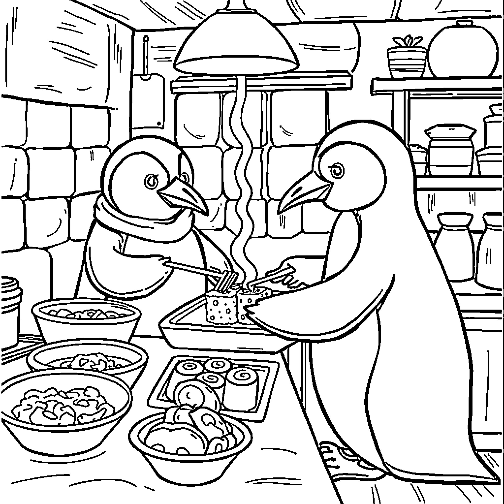 Penguins cooking in a cozy kitchen Coloring Page (free black-and-white line drawing printable PDF for all, from beginners to advanced learners, including children, teens, adults, and seniors)