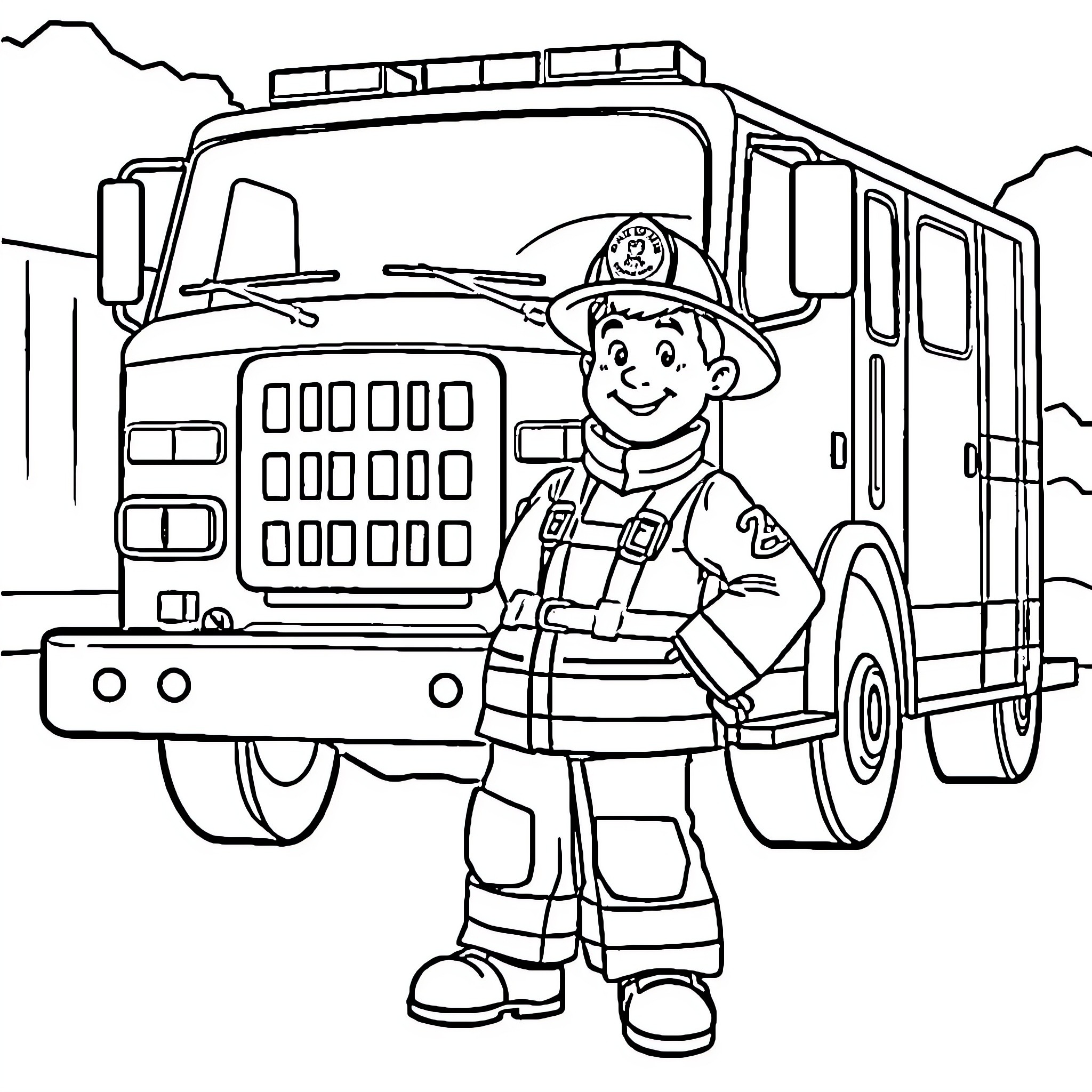 Fireman Sam standing next to a fire engine Coloring Page (free black-and-white line drawing printable PDF for all, from beginners to advanced learners, including children, teens, adults, and seniors)