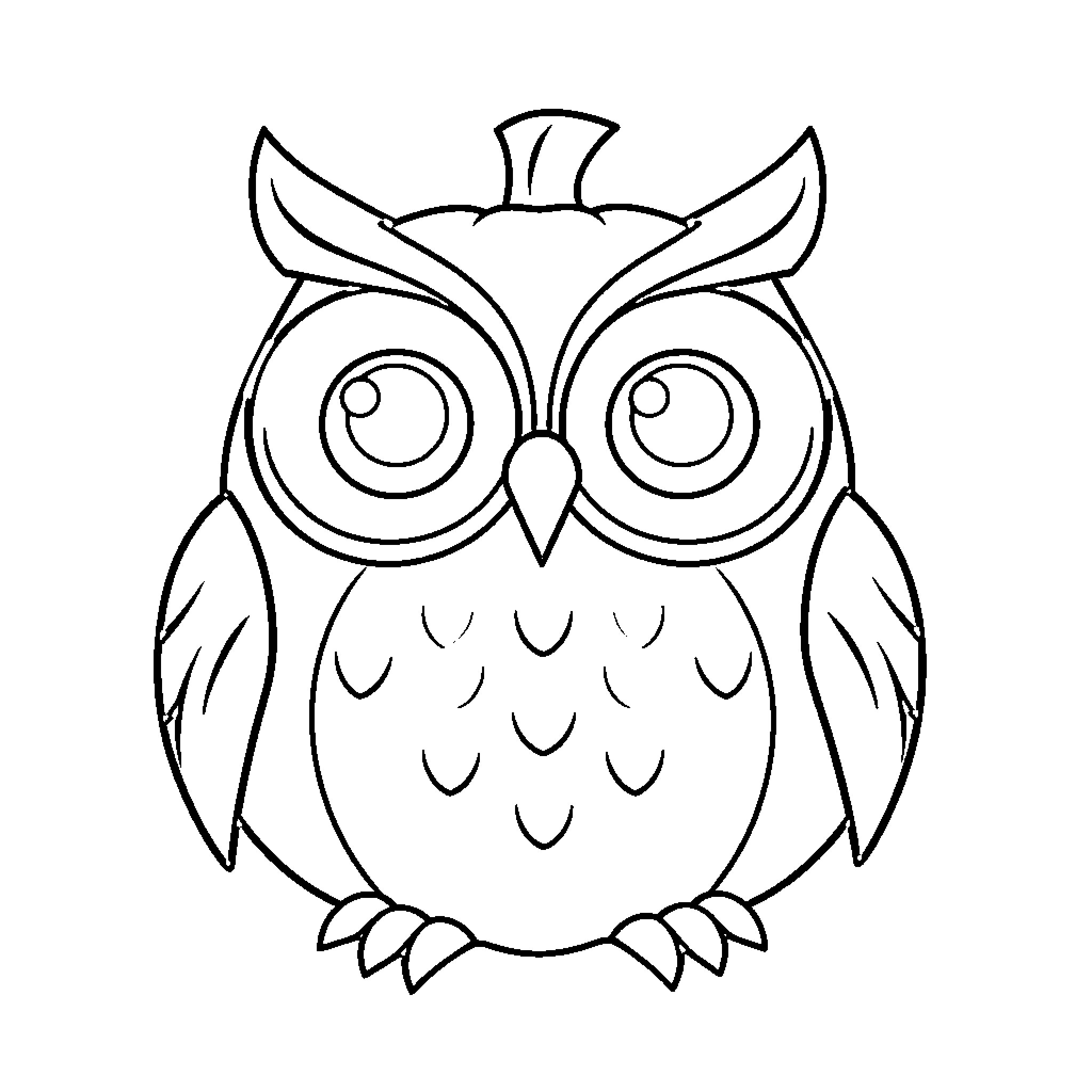 Owl with Expressive Eyes Coloring Page (free black-and-white line drawing printable PDF for all, from beginners to advanced learners, including children, teens, adults, and seniors)