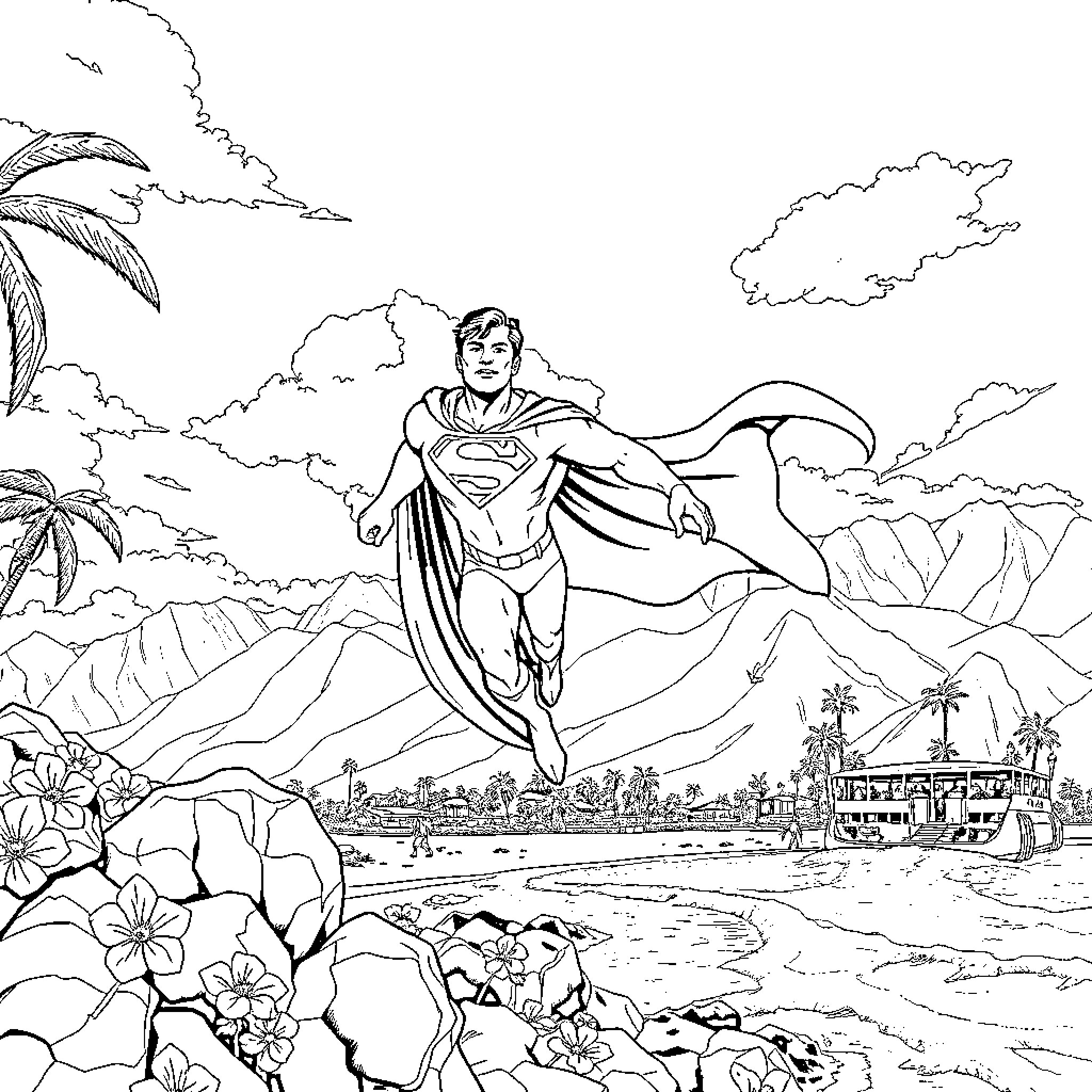 Superman flying over a tropical landscape Coloring Page (free black-and-white line drawing printable PDF for all, from beginners to advanced learners, including children, teens, adults, and seniors)