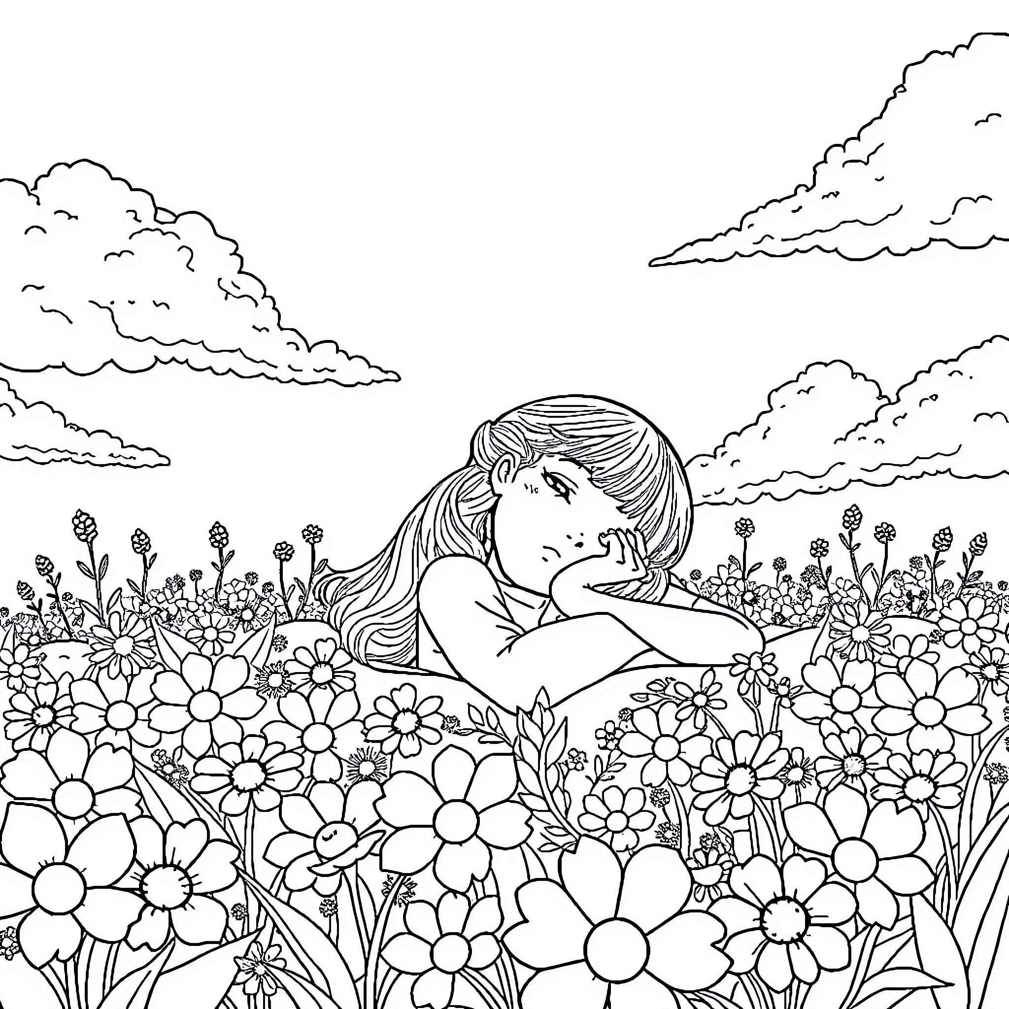 Girl resting peacefully in a flower field Coloring Page (free black-and-white line drawing printable PDF for all, from beginners to advanced learners, including children, teens, adults, and seniors)