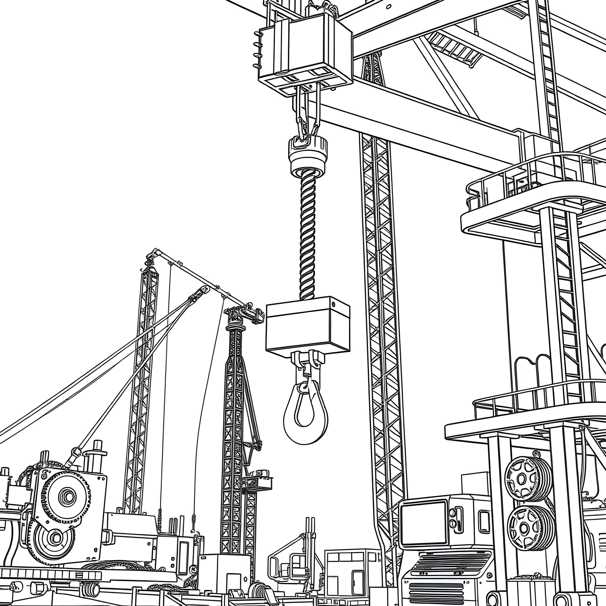 Crane Hook Lifting Heavy Equipment at Construction Site Coloring Page (free black-and-white line drawing printable PDF for all, from beginners to advanced learners, including children, teens, adults, and seniors)