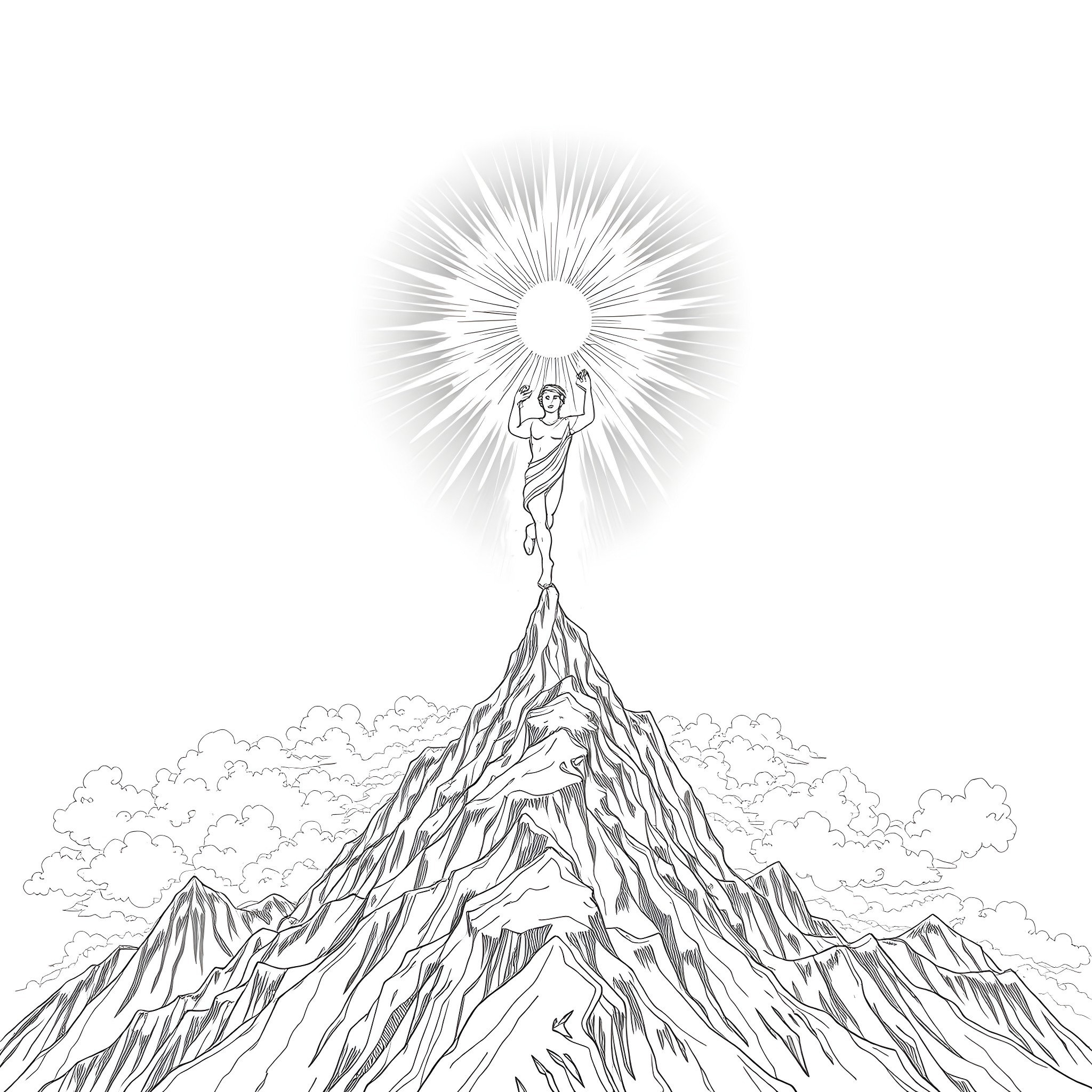 Spirit's Journey Through the Mountainous Terrain Coloring Page (free black-and-white line drawing printable PDF for all, from beginners to advanced learners, including children, teens, adults, and seniors)