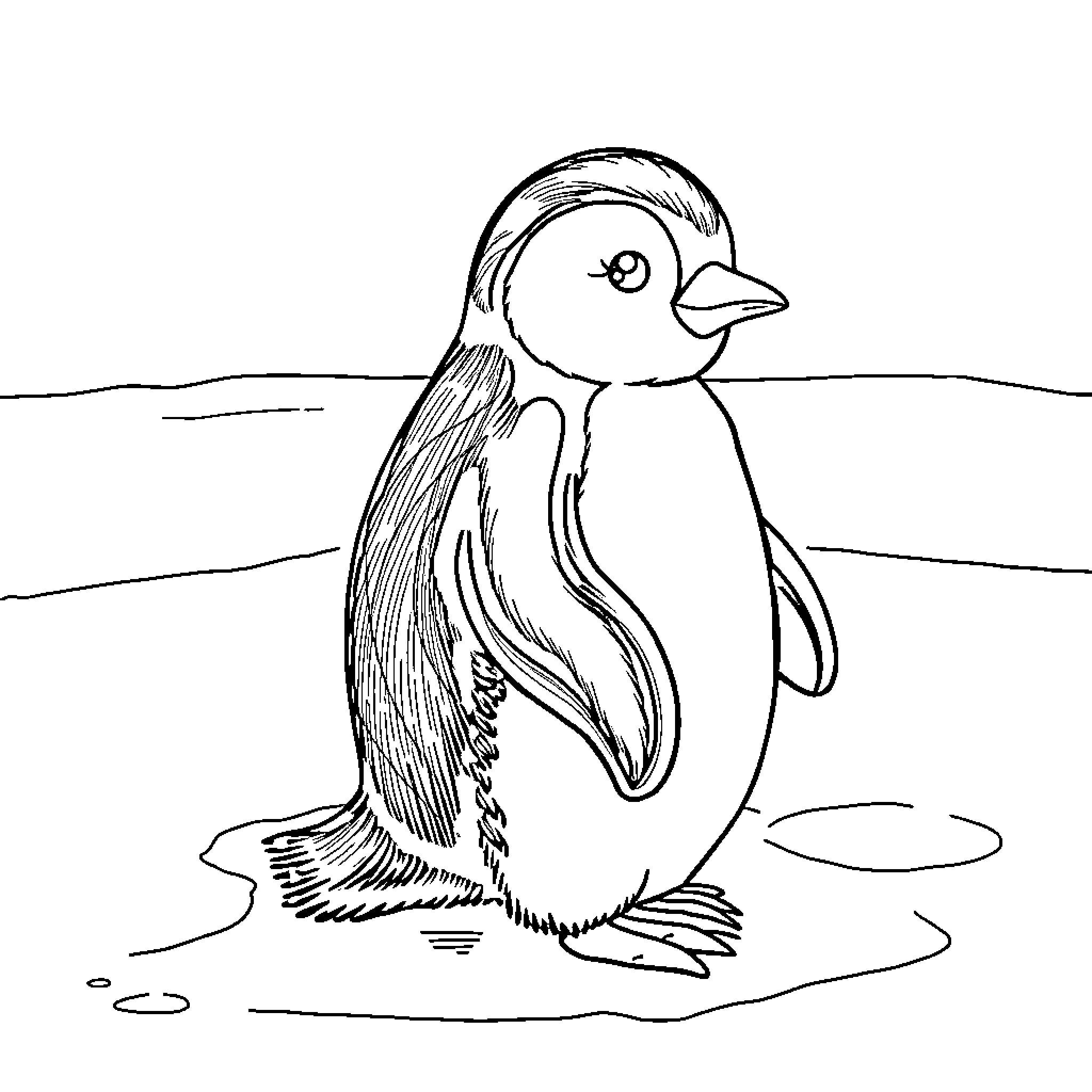 Penguin waddling on the ice Coloring Page (free black-and-white line drawing printable PDF for all, from beginners to advanced learners, including children, teens, adults, and seniors)
