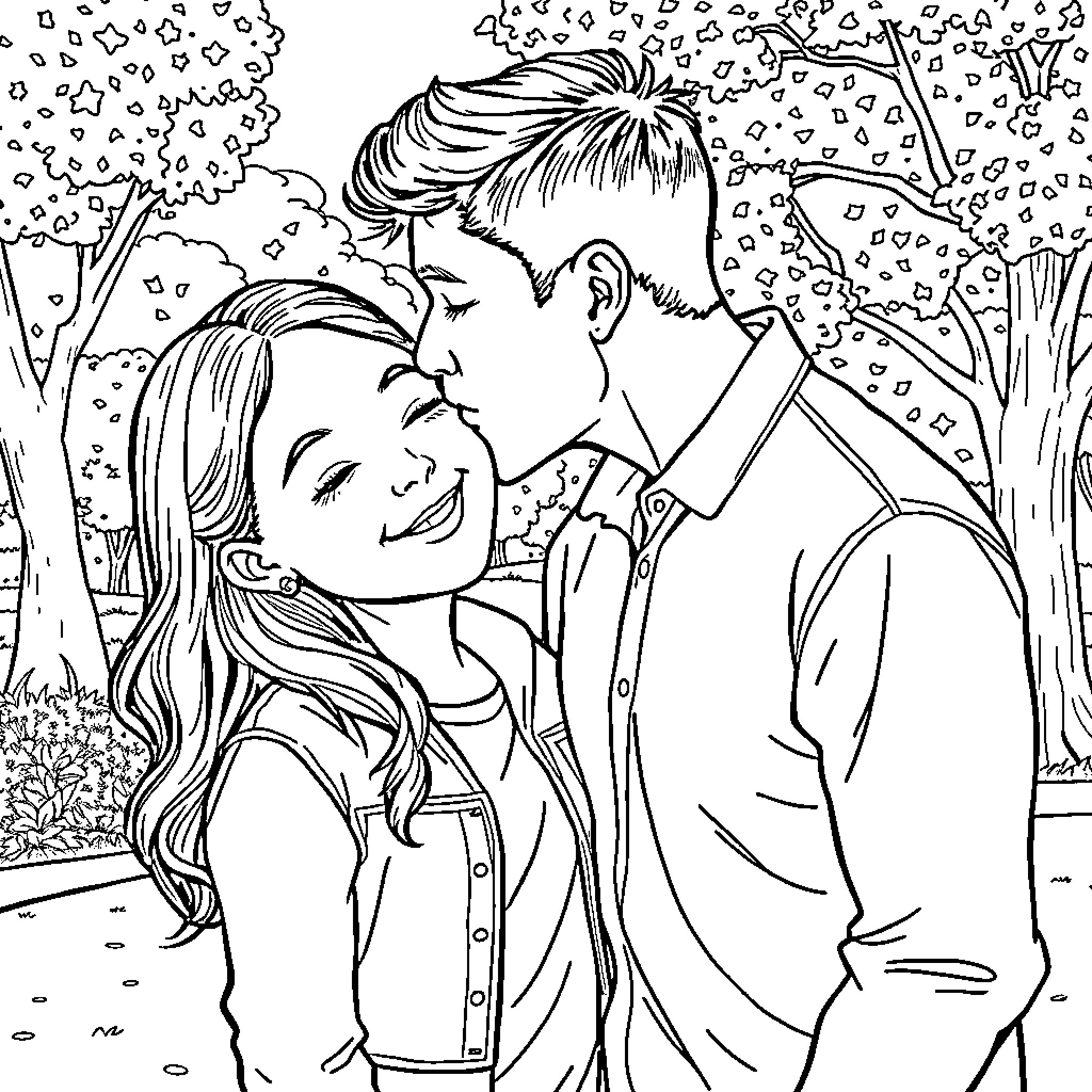 Man and woman embracing in park Coloring Page (free black-and-white line drawing printable PDF for all, from beginners to advanced learners, including children, teens, adults, and seniors)