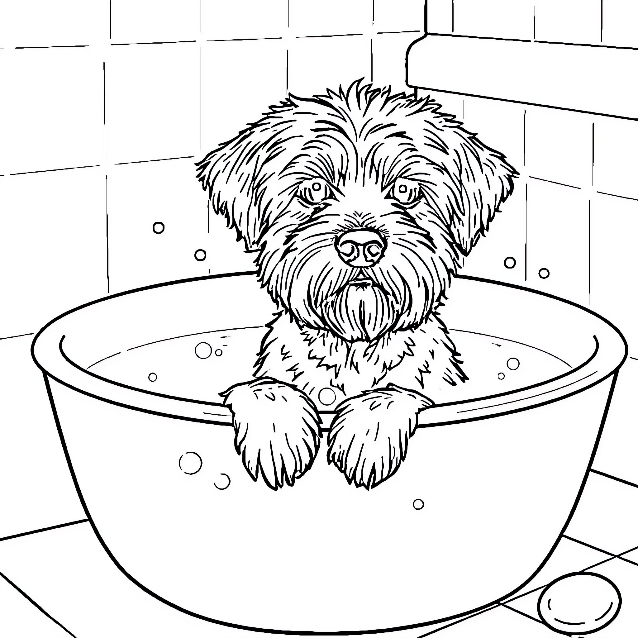 Cocker Puppy Enjoying a Warm Bubble Bath Coloring Page (free black-and-white line drawing printable PDF for all, from beginners to advanced learners, including children, teens, adults, and seniors)