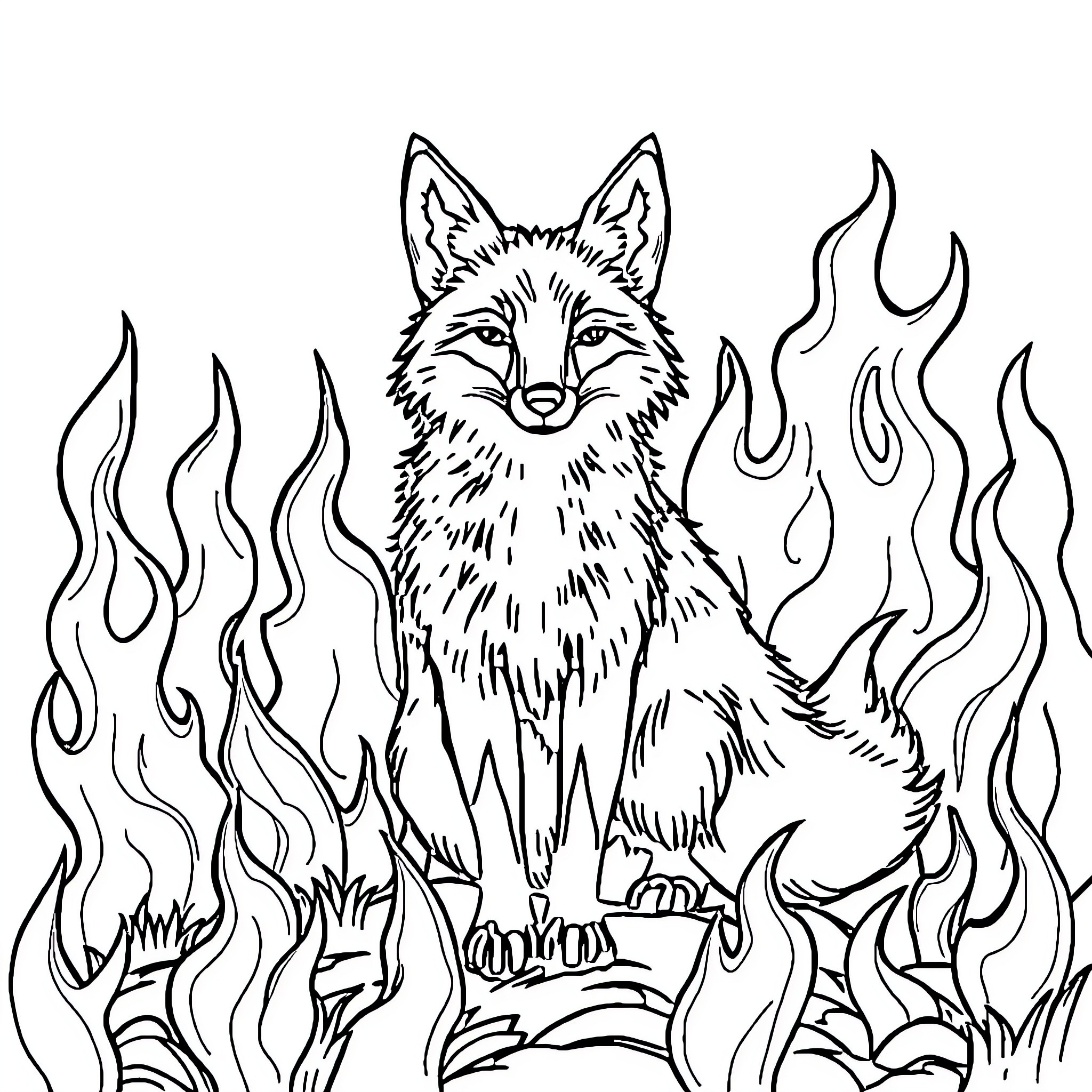 Fox sitting amid fiery flames Coloring Page (free black-and-white line drawing printable PDF for all, from beginners to advanced learners, including children, teens, adults, and seniors)