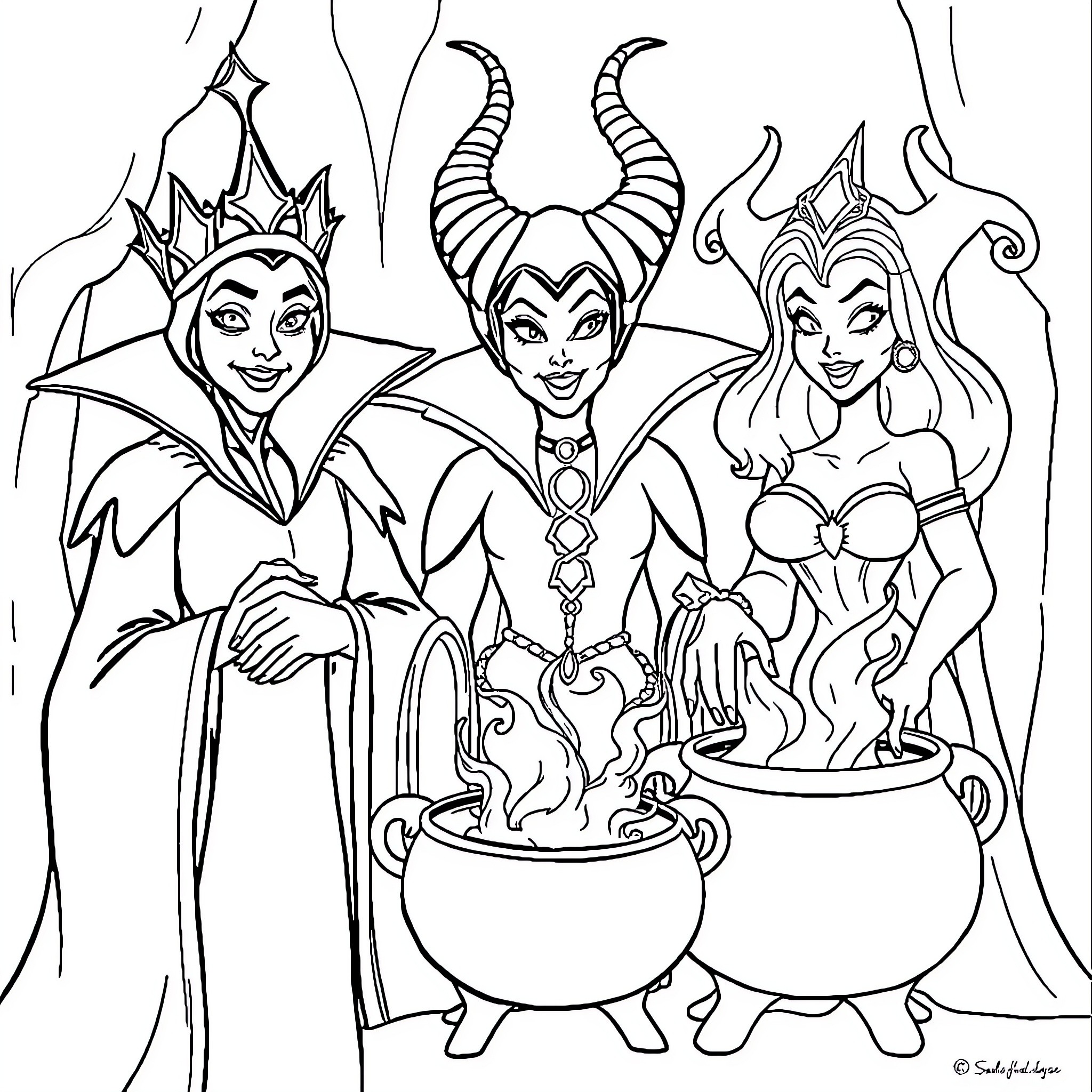 Villain's Enchanting Cauldron Gathering Coloring Page (free black-and-white line drawing printable PDF for all, from beginners to advanced learners, including children, teens, adults, and seniors)