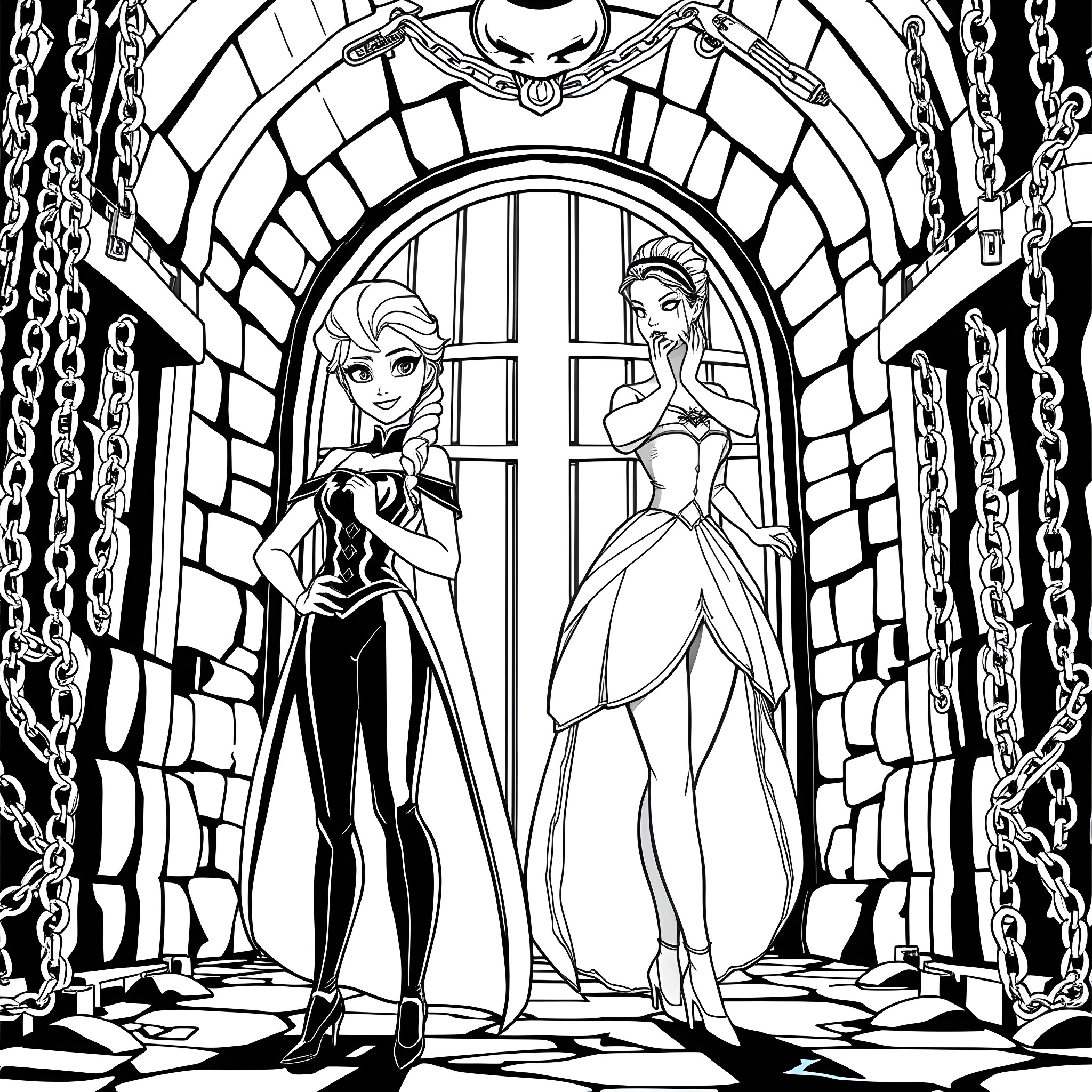 Elsa and Belle in a grand stained glass archway Coloring Page (free black-and-white line drawing printable PDF for all, from beginners to advanced learners, including children, teens, adults, and seniors)