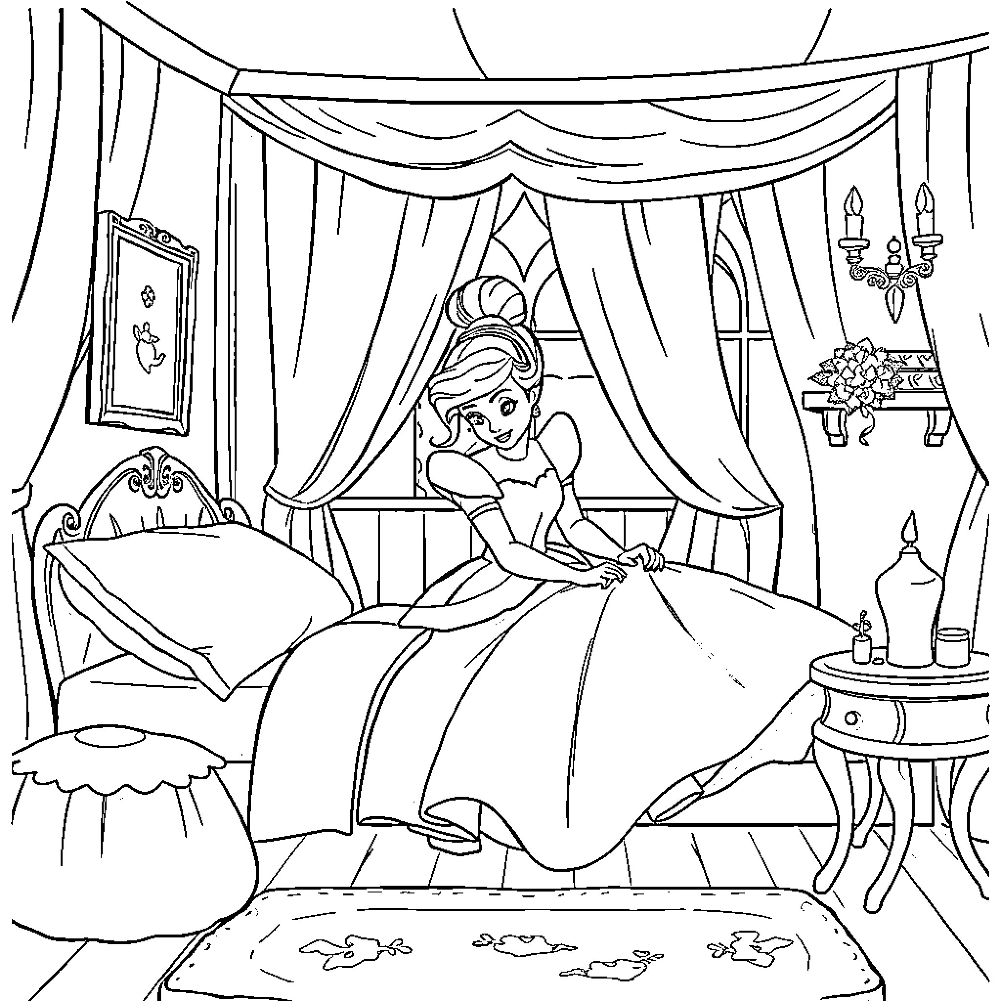 Cinderella sitting on her bed in a lavish bedroom Coloring Page (free black-and-white line drawing printable PDF for all, from beginners to advanced learners, including children, teens, adults, and seniors)