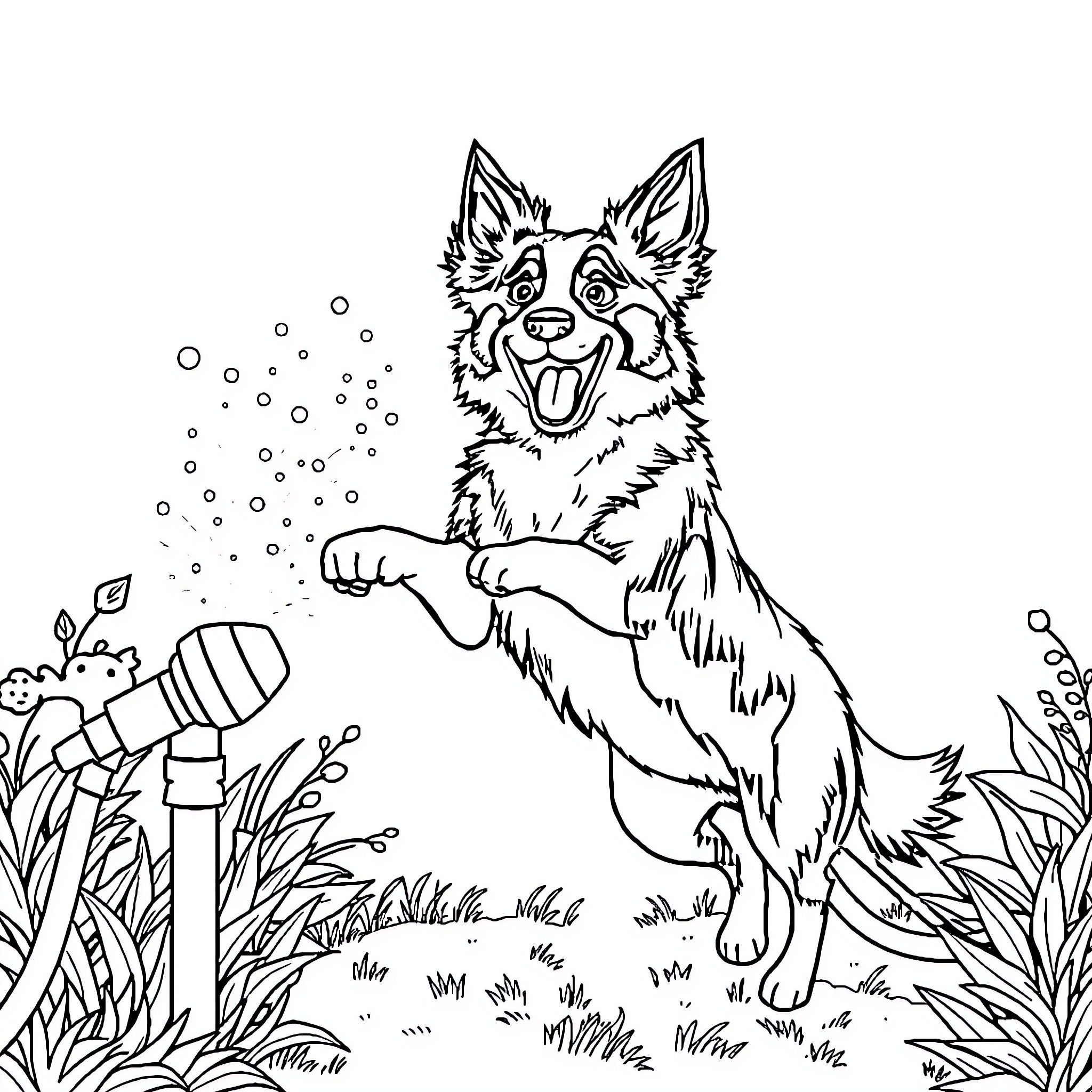 Border Collie Playing in the Meadow Coloring Page (free black-and-white line drawing printable PDF for all, from beginners to advanced learners, including children, teens, adults, and seniors)