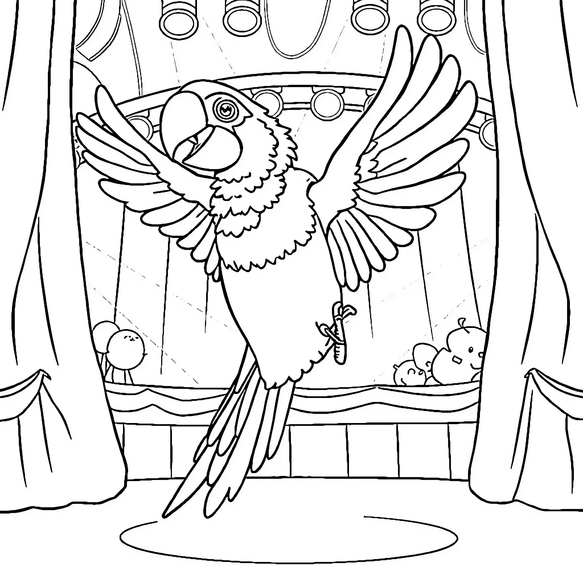 Parrot performing on stage with curtains Coloring Page (free black-and-white line drawing printable PDF for all, from beginners to advanced learners, including children, teens, adults, and seniors)