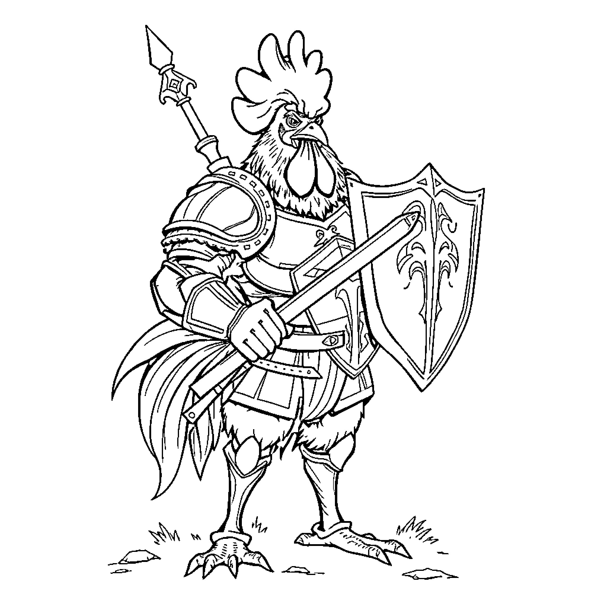 Chicken Man in Armored Knight Attire Coloring Page (free black-and-white line drawing printable PDF for all, from beginners to advanced learners, including children, teens, adults, and seniors)
