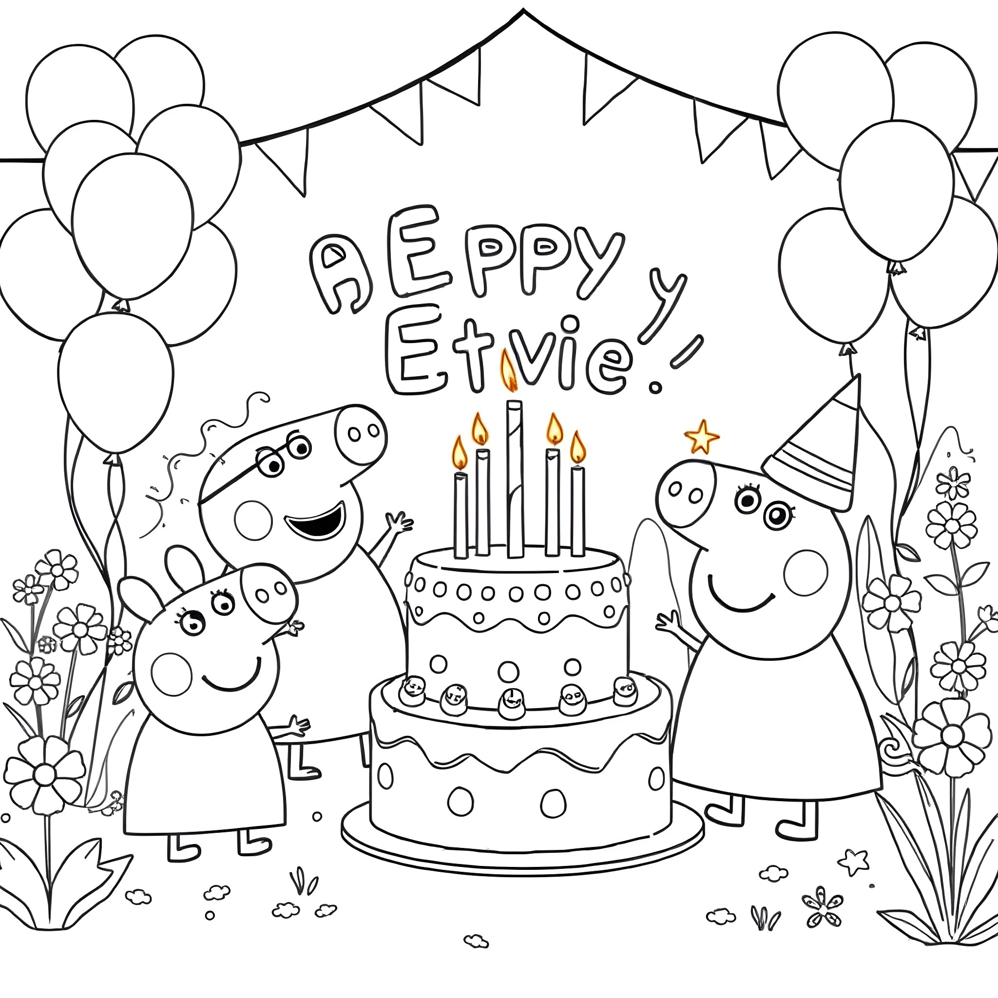 Peppa Pig celebrates a happy birthday party Coloring Page (free black-and-white line drawing printable PDF for all, from beginners to advanced learners, including children, teens, adults, and seniors)