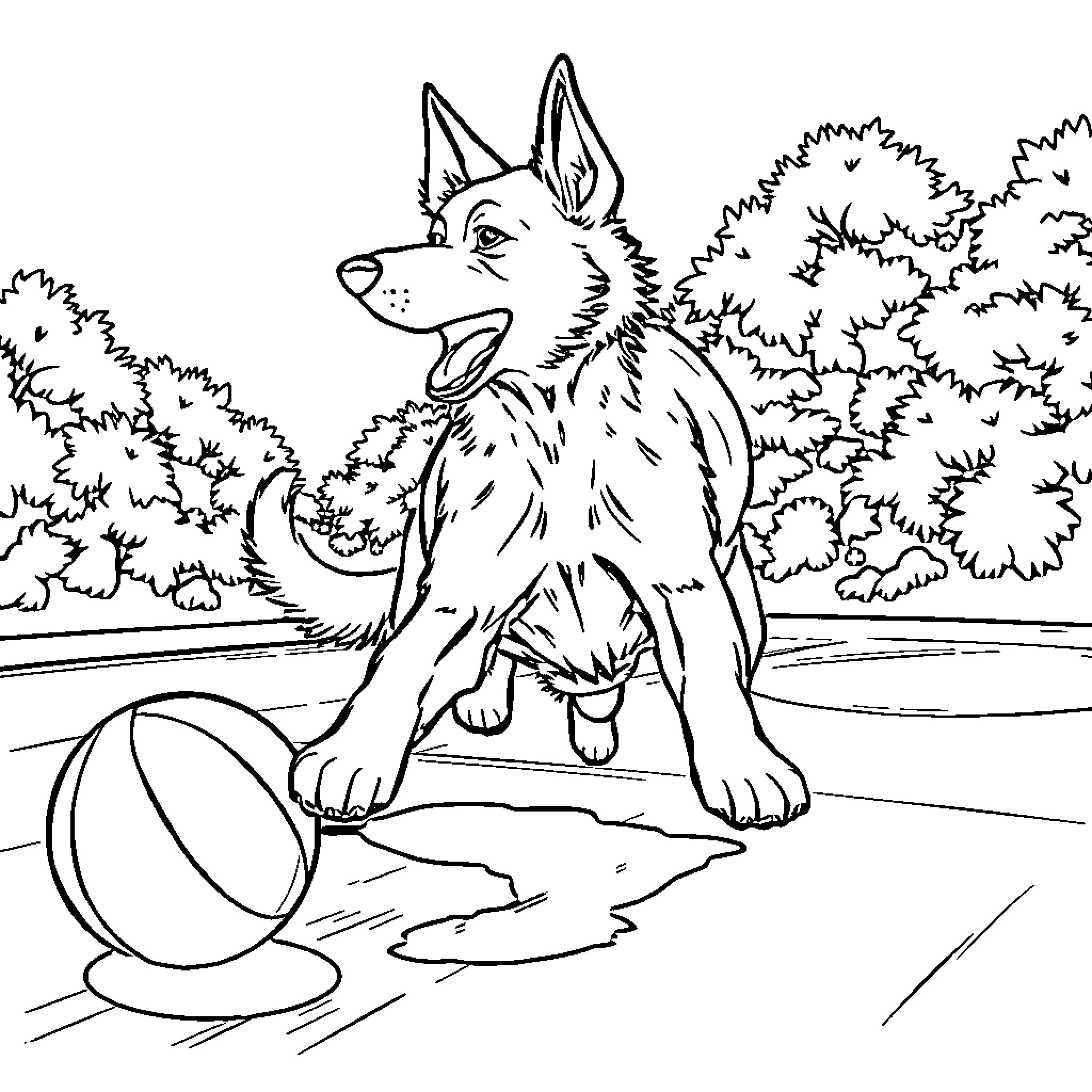 Dog playing with ball in the park Coloring Page (free black-and-white line drawing printable PDF for all, from beginners to advanced learners, including children, teens, adults, and seniors)