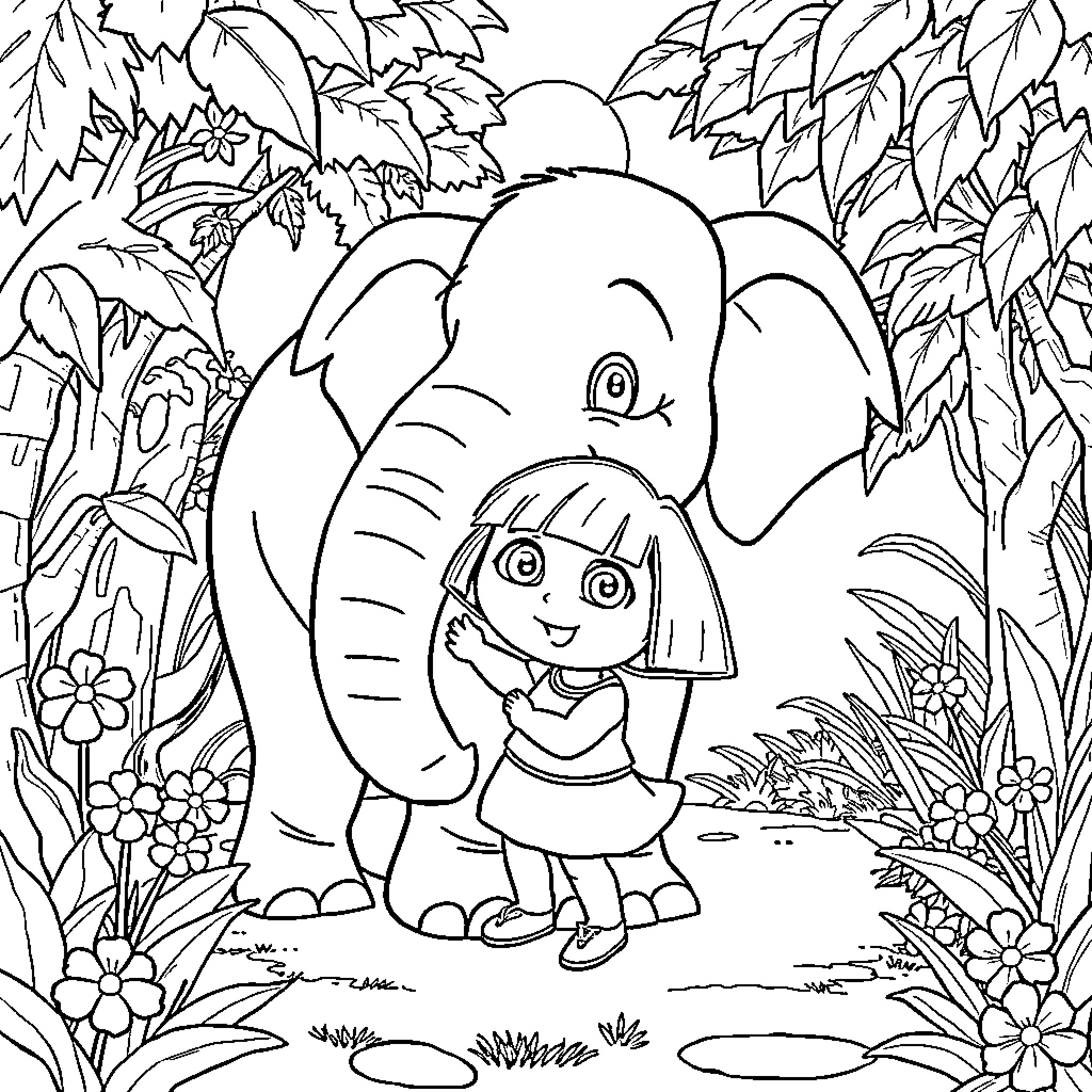 Dora exploring the jungle with her elephant friend Coloring Page (free black-and-white line drawing printable PDF for all, from beginners to advanced learners, including children, teens, adults, and seniors)