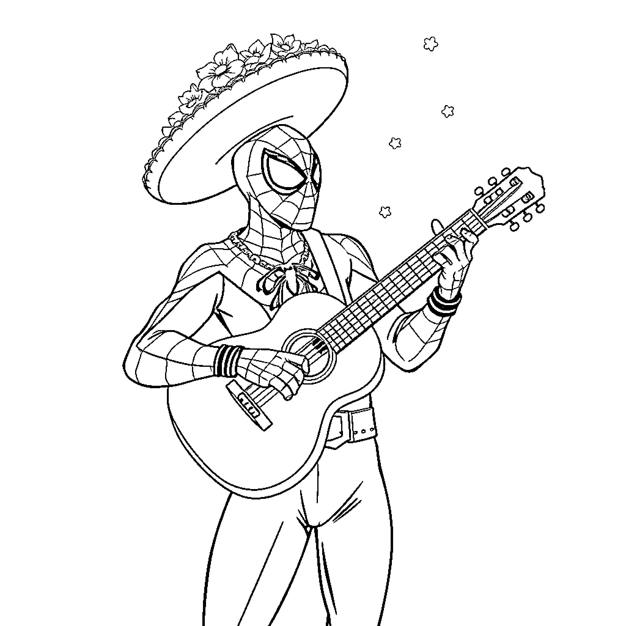 Spiderman playing guitar with a sombrero Coloring Page (free black-and-white line drawing printable PDF for all, from beginners to advanced learners, including children, teens, adults, and seniors)