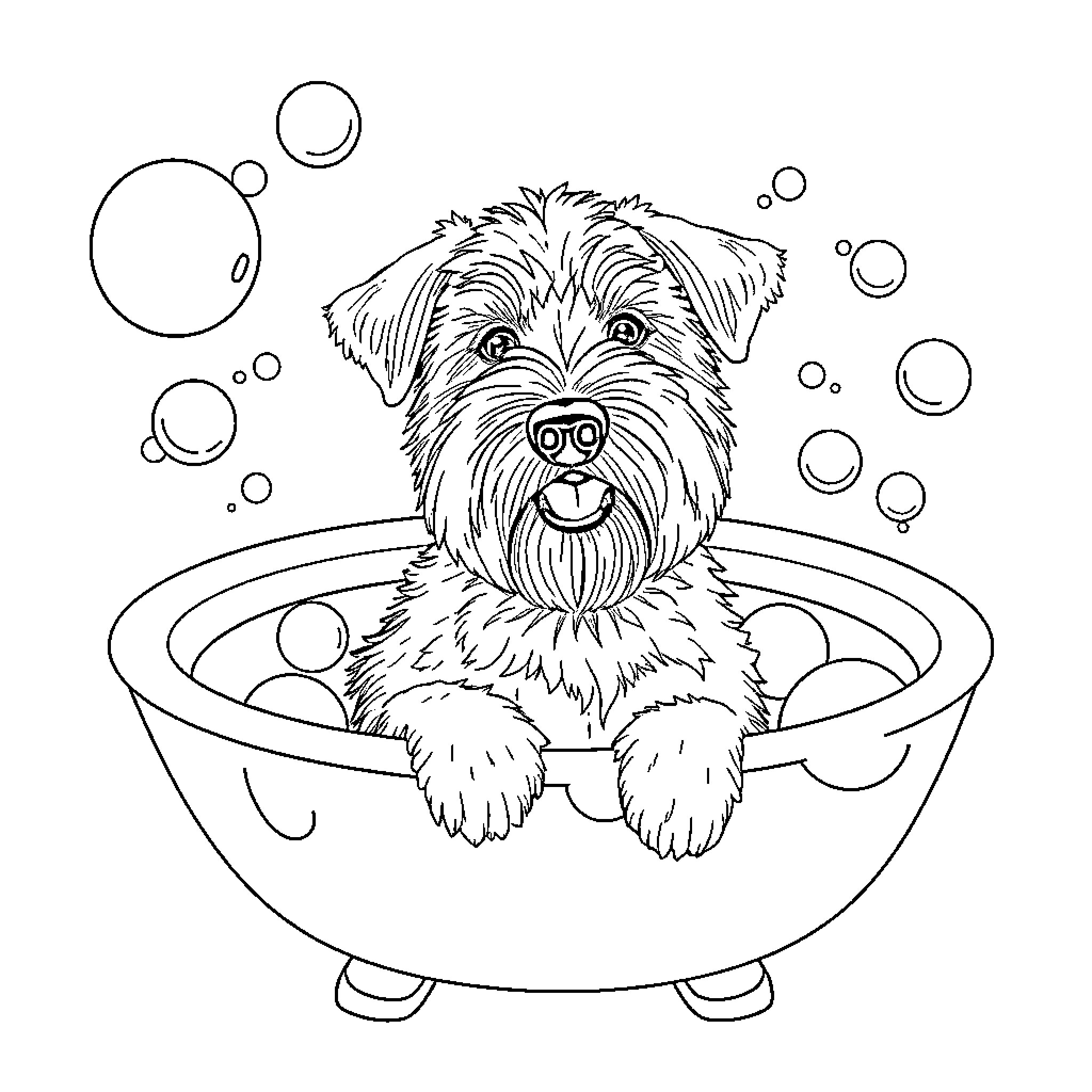Terrier Enjoying a Bubbly Bath Coloring Page (free black-and-white line drawing printable PDF for all, from beginners to advanced learners, including children, teens, adults, and seniors)
