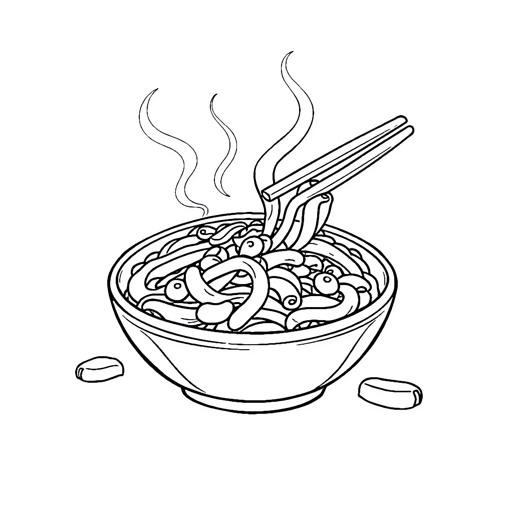 Tung's Sizzling Noodle Bowl Coloring Page (free black-and-white line drawing printable PDF for all, from beginners to advanced learners, including children, teens, adults, and seniors)