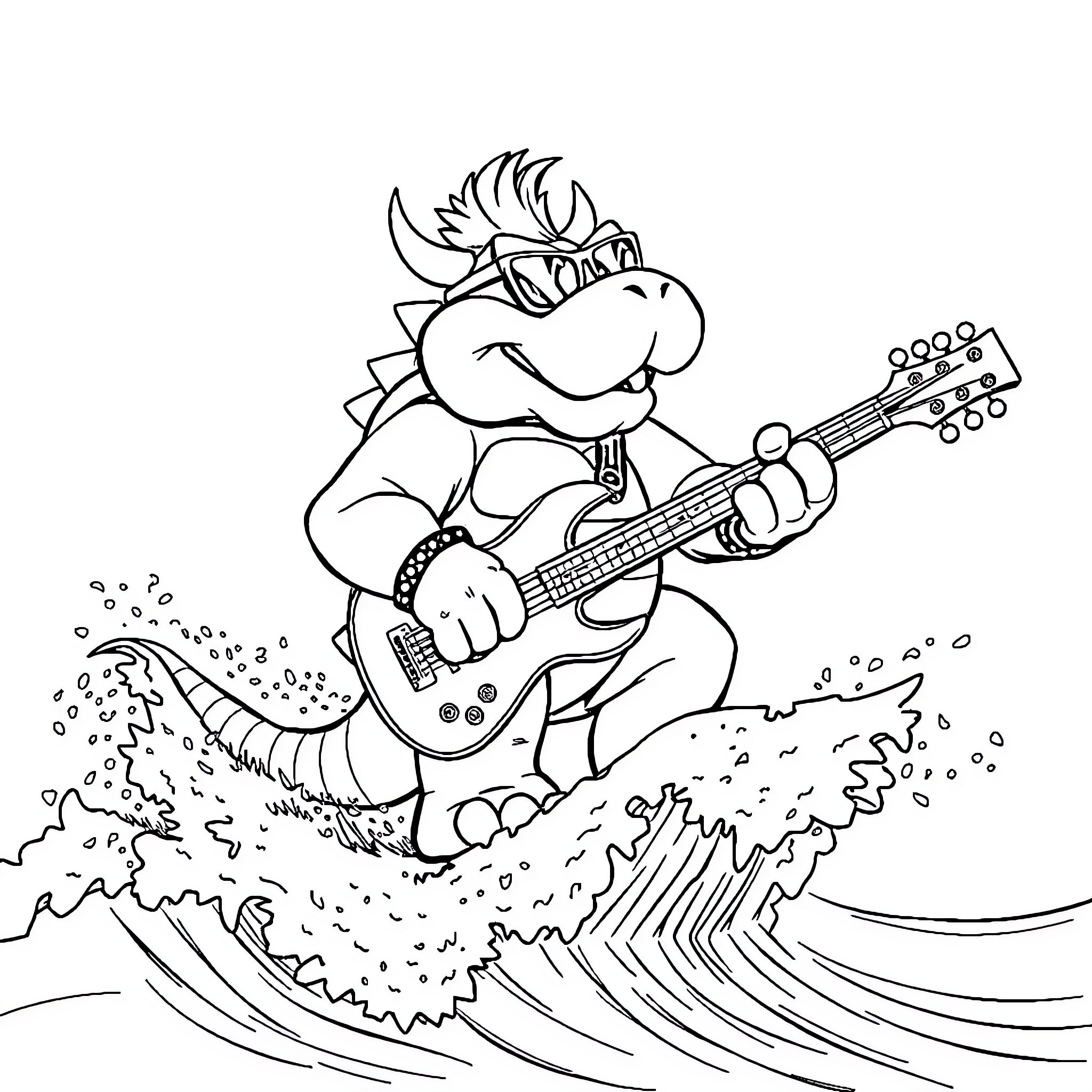 Bowser rocking out on his electric guitar in the ocean waves Coloring Page (free black-and-white line drawing printable PDF for all, from beginners to advanced learners, including children, teens, adults, and seniors)