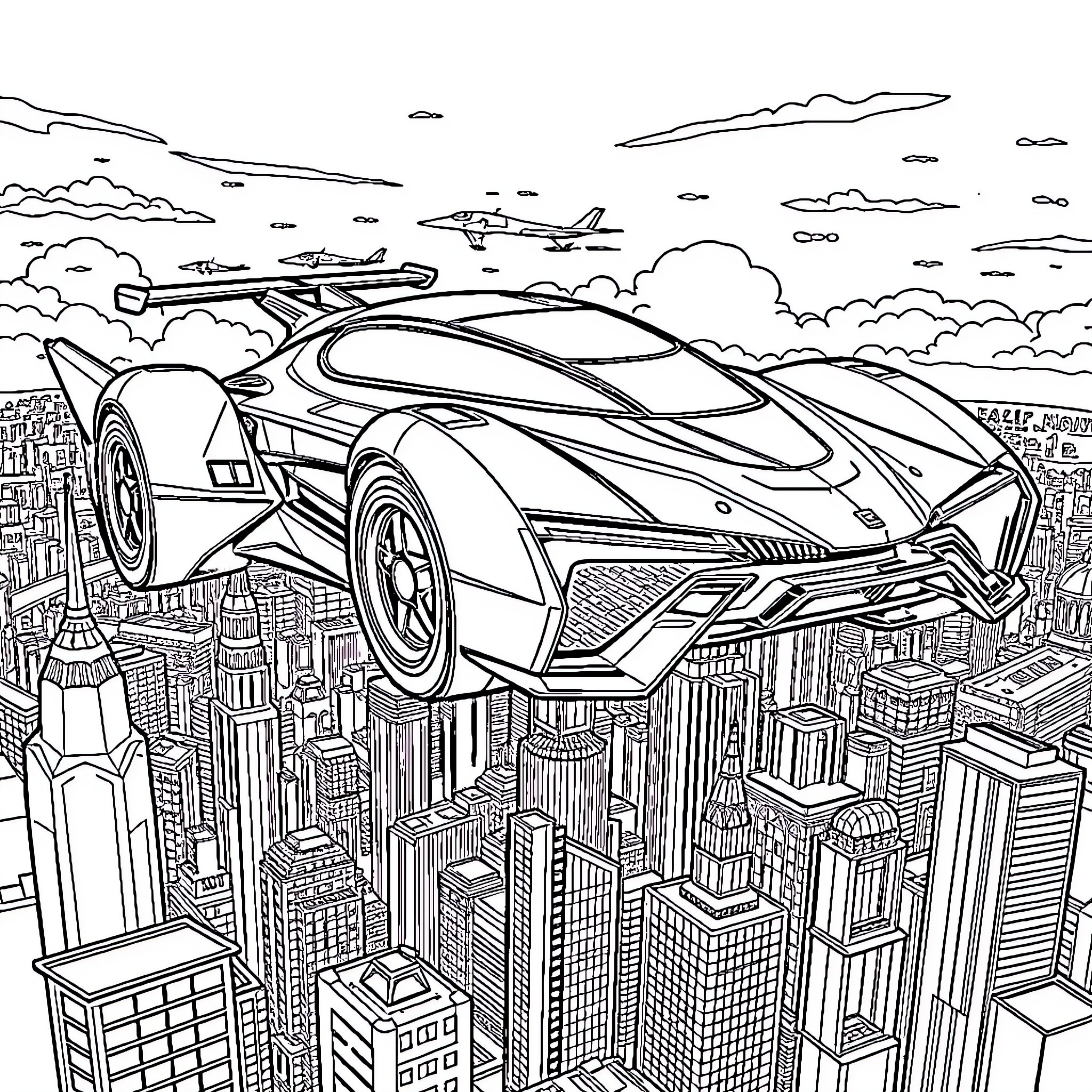 Flying Car Soaring Over Futuristic Cityscape Coloring Page (free black-and-white line drawing printable PDF for all, from beginners to advanced learners, including children, teens, adults, and seniors)