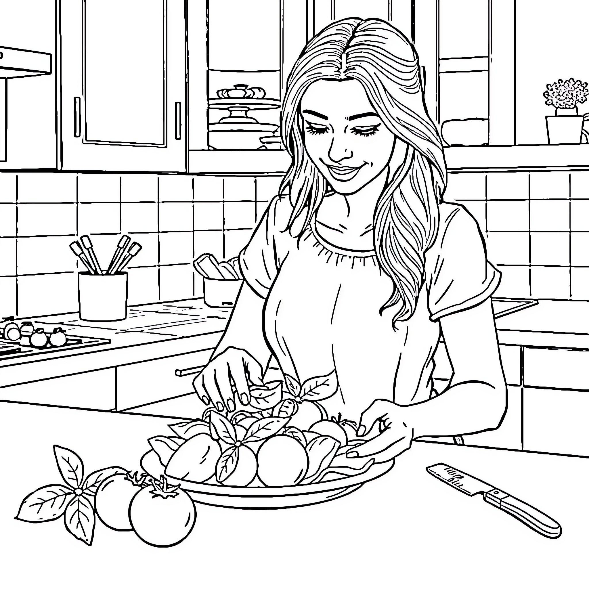 Woman preparing a healthy meal in the kitchen Coloring Page (free black-and-white line drawing printable PDF for all, from beginners to advanced learners, including children, teens, adults, and seniors)