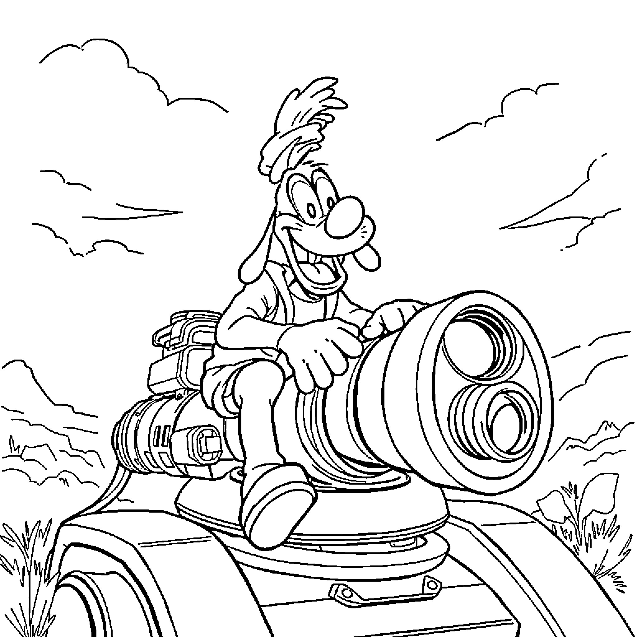 Goofy Camper Enjoying the Outdoors Coloring Page (free black-and-white line drawing printable PDF for all, from beginners to advanced learners, including children, teens, adults, and seniors)